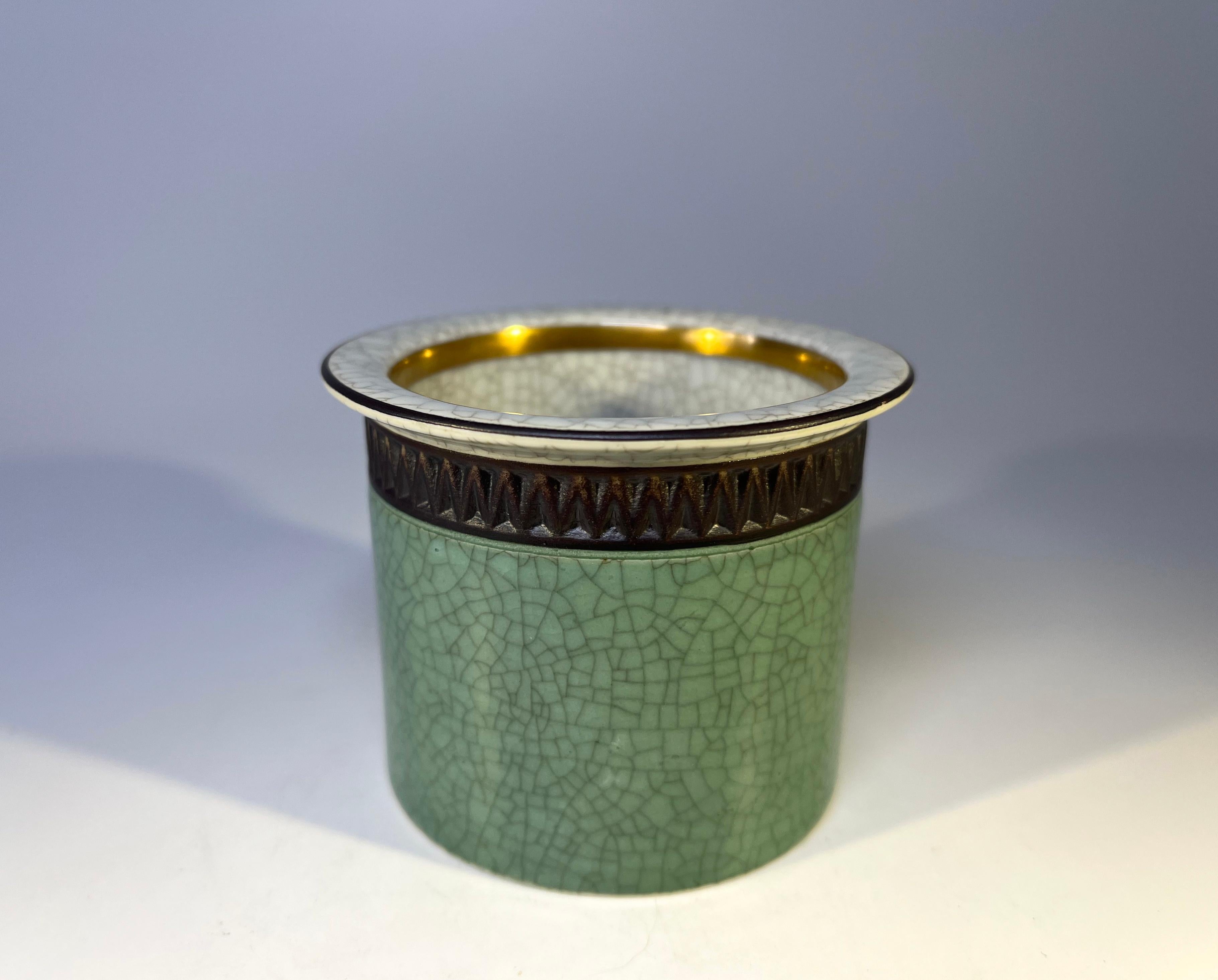 Danish Thorkild Olsen for Royal Copenhagen Crackle Glaze Cache Pot Gilded Band #2915