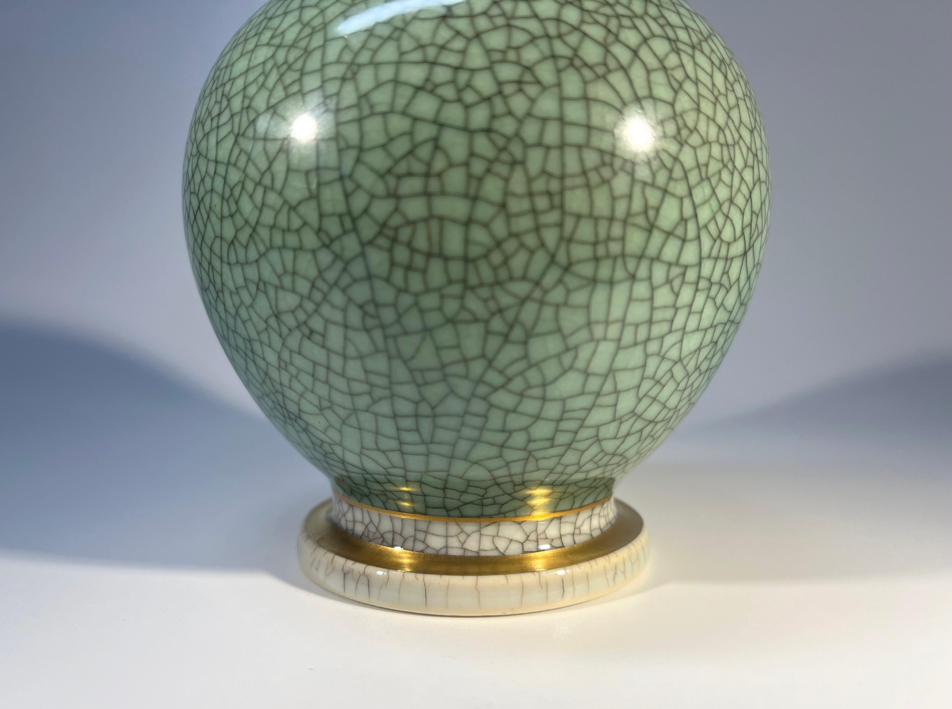 20th Century Thorkild Olsen For Royal Copenhagen, Pale Green Crackle Glazed Ball Vase #3033 For Sale