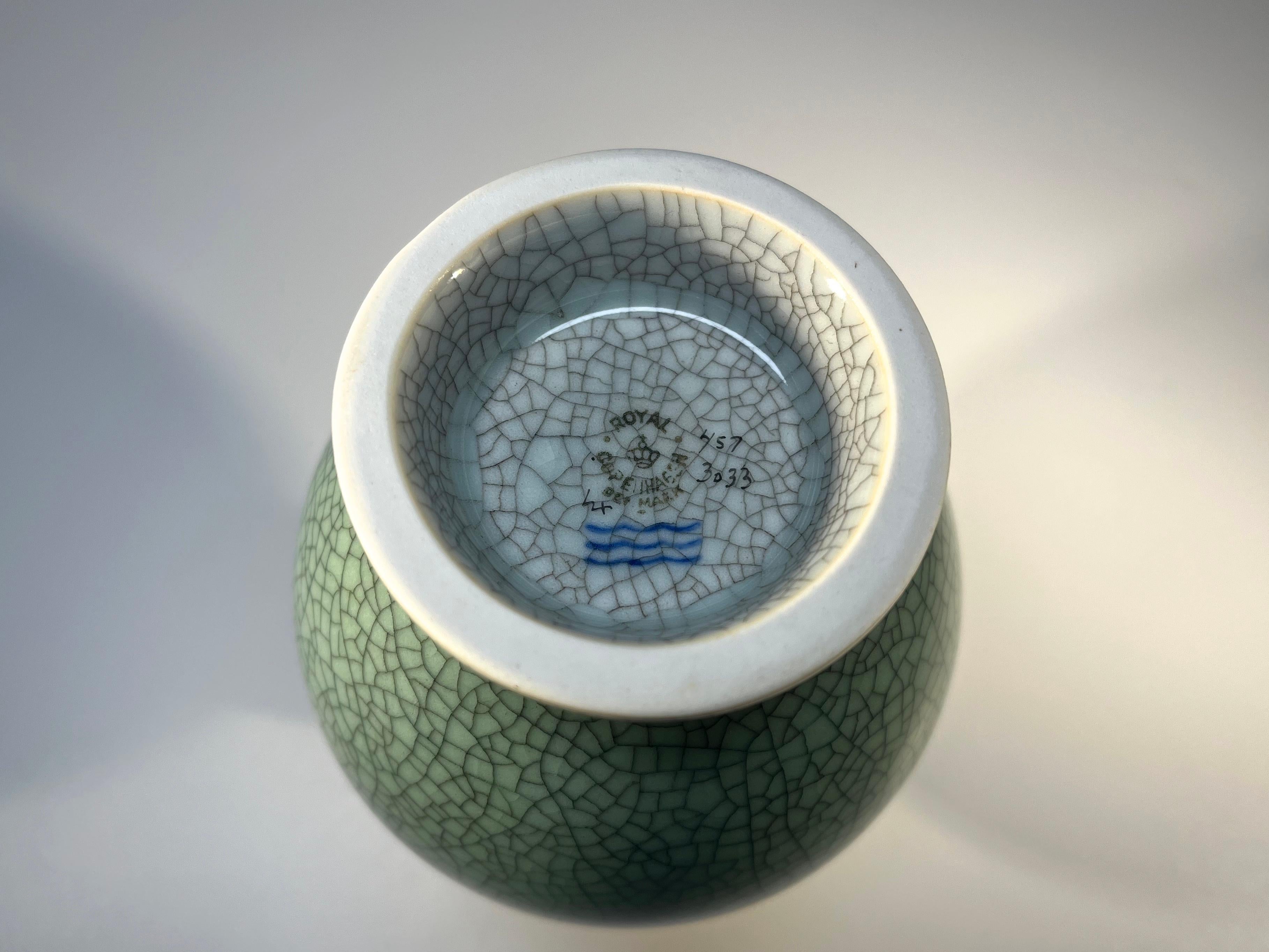 Thorkild Olsen For Royal Copenhagen, Pale Green Crackle Glazed Ball Vase #3033 For Sale 2