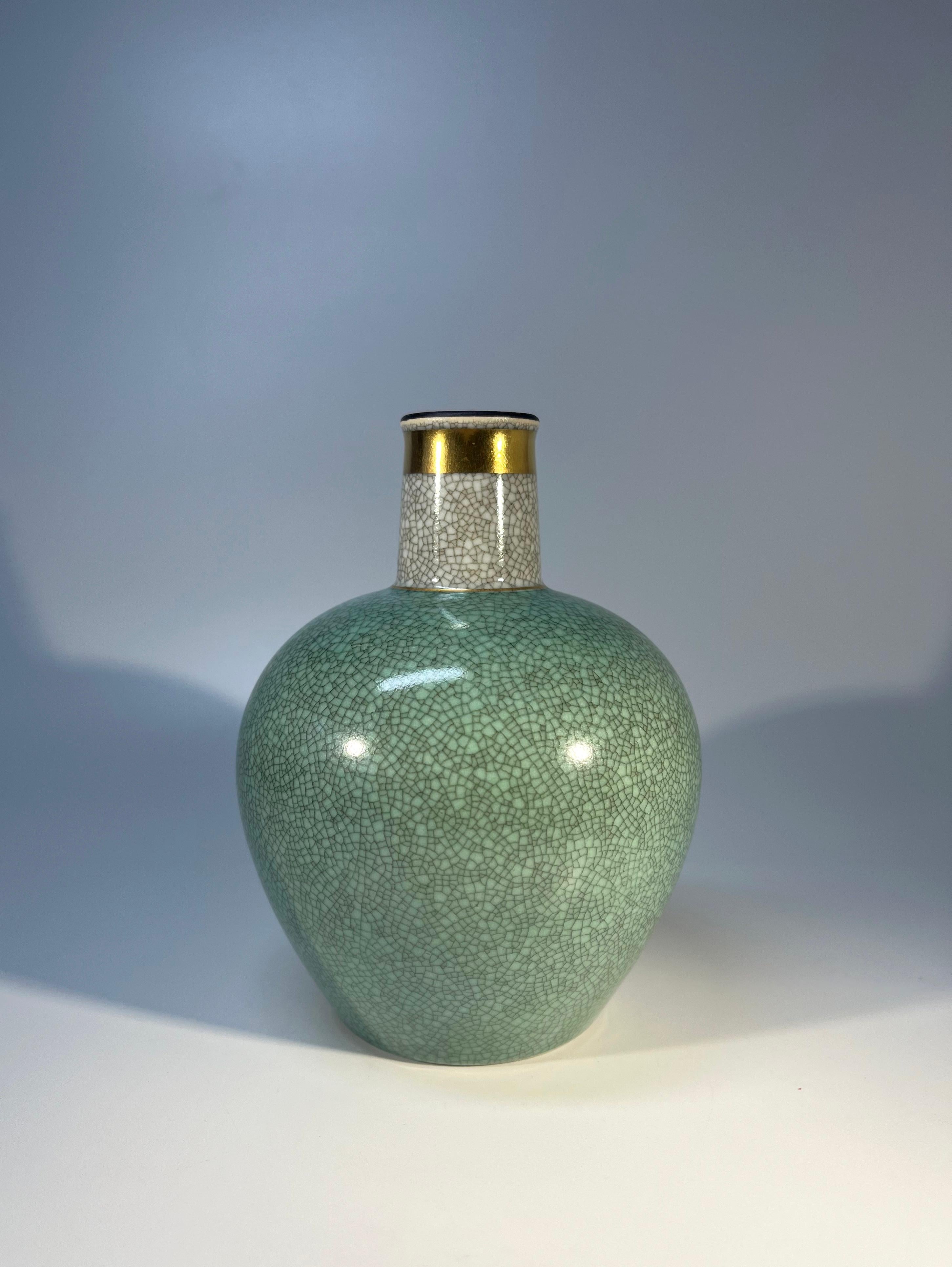 Danish Thorkild Olsen For Royal Copenhagen, Pale Green Crackle Glazed Vase #3582 For Sale