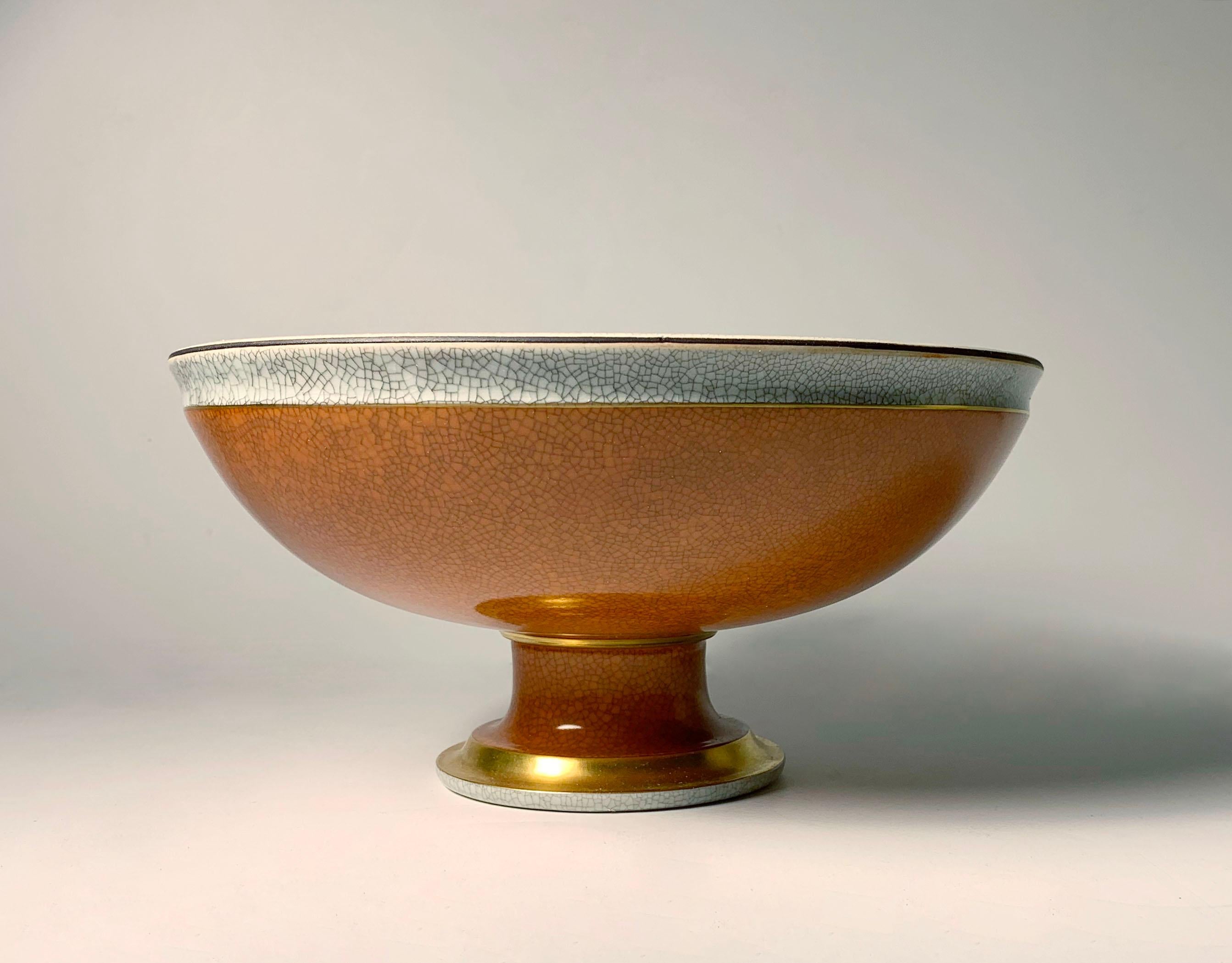 Thorkild Olsen for Royal Copenhagen, terracotta craquelure gilded compote bowl.