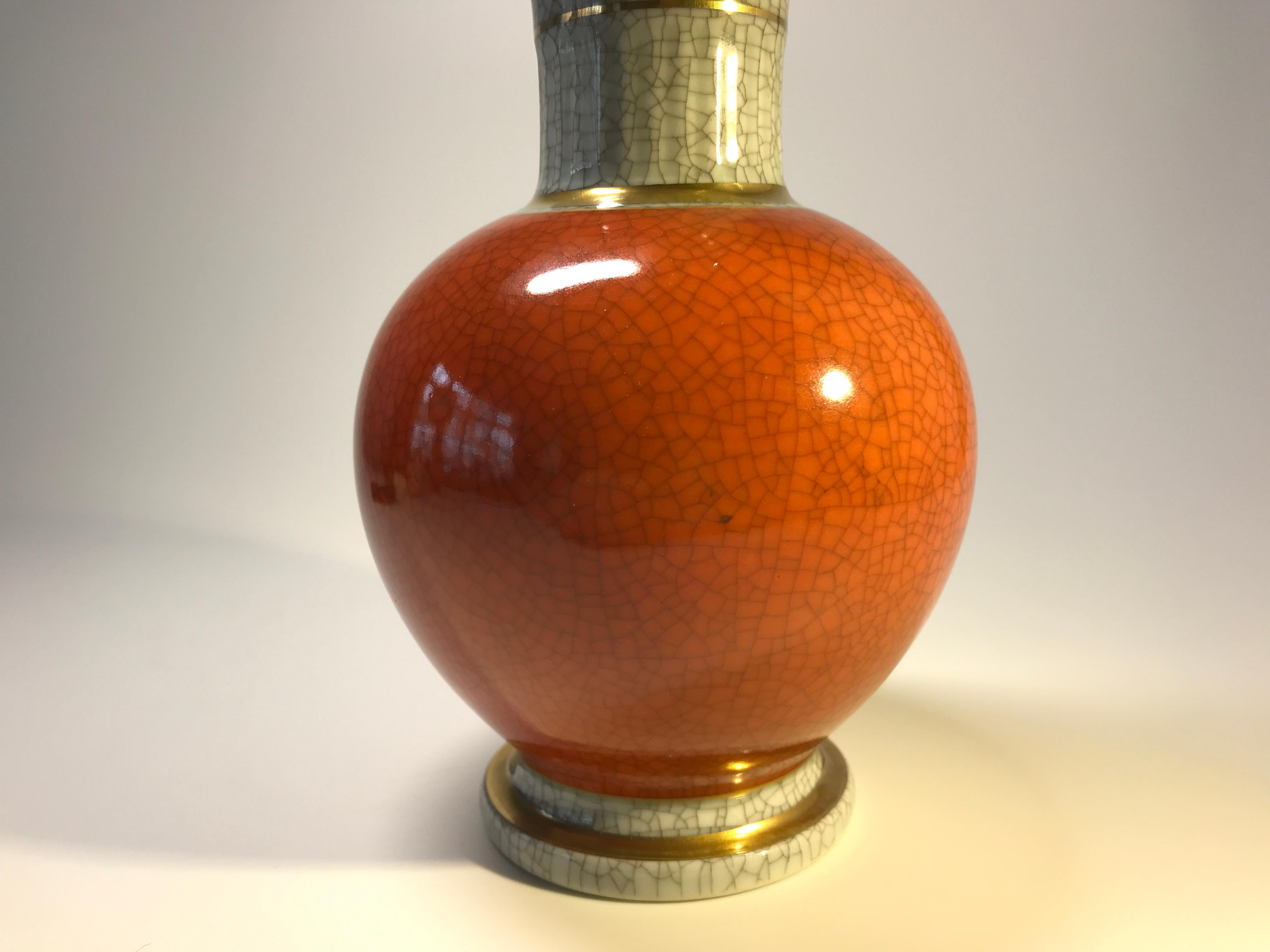Danish Thorkild Olsen for Royal Copenhagen, Terracotta Craquelure Gilded Shaped Vase