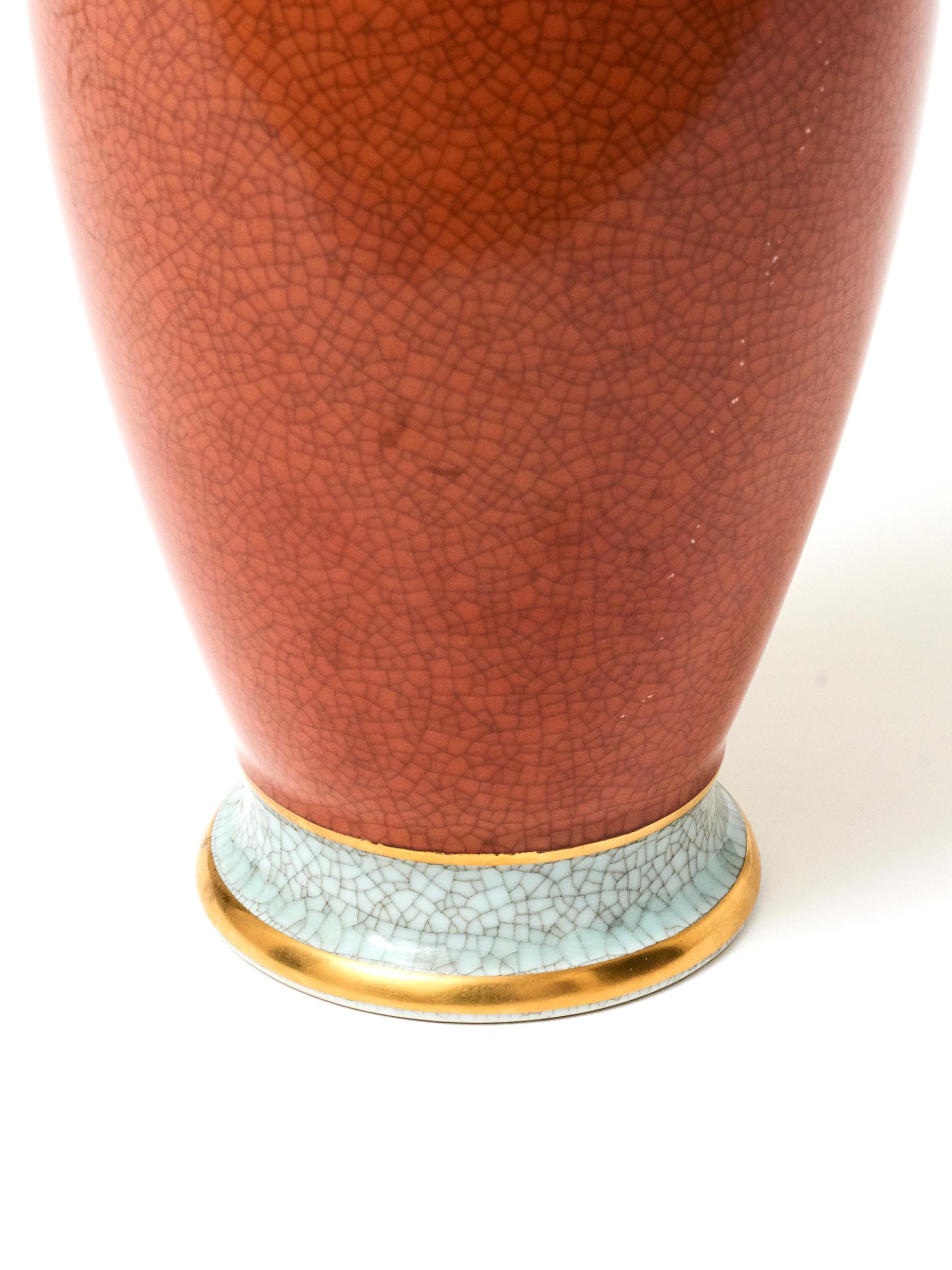 Scandinavian Modern Thorkild Olsen for Royal Copenhagen, Terracotta Craquelure and Gilded Vase