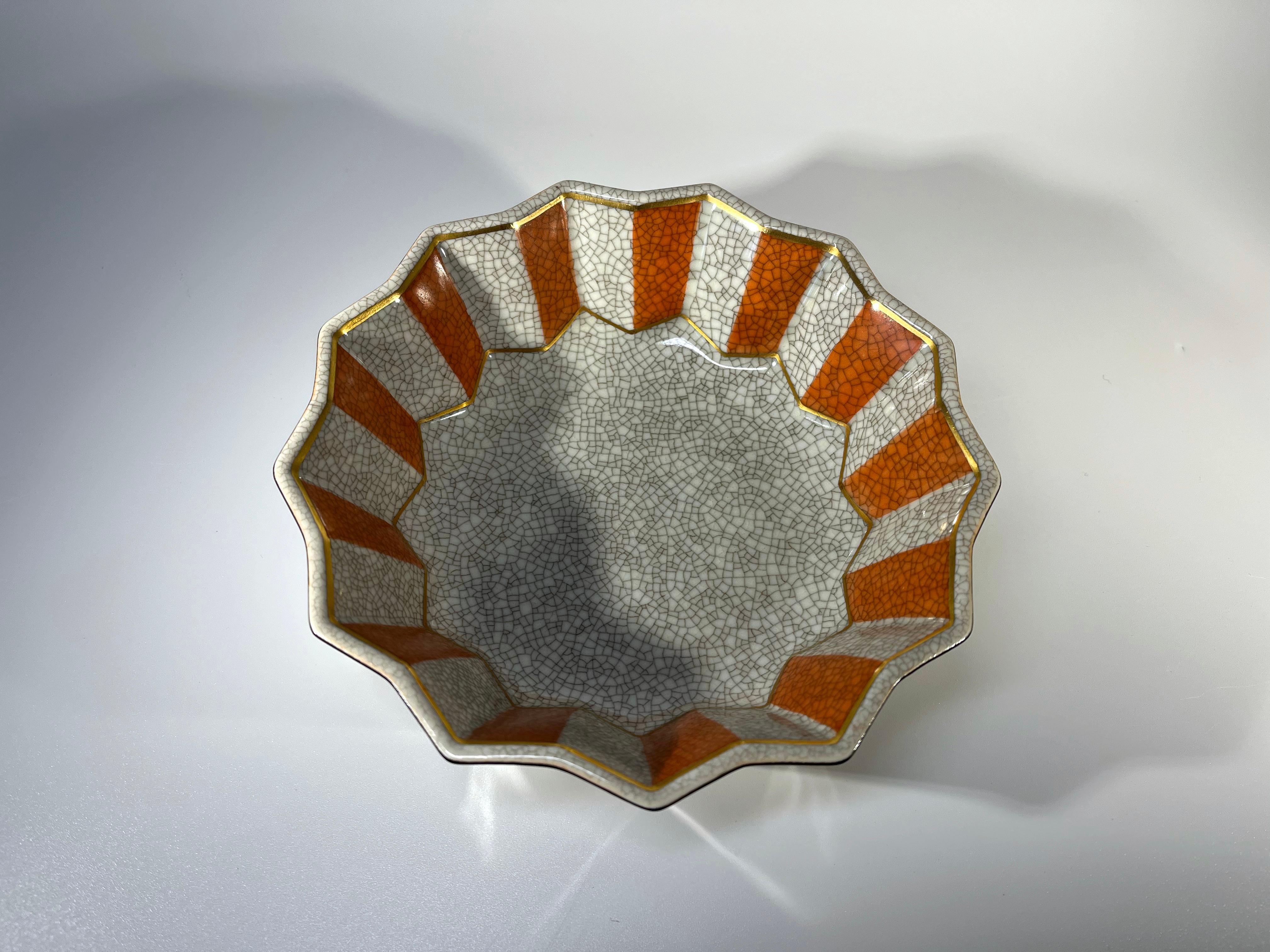 Art Deco Thorkild Olsen, Royal Copenhagen 1953 Terracotta Grey Crackle Fluted Dish #3191