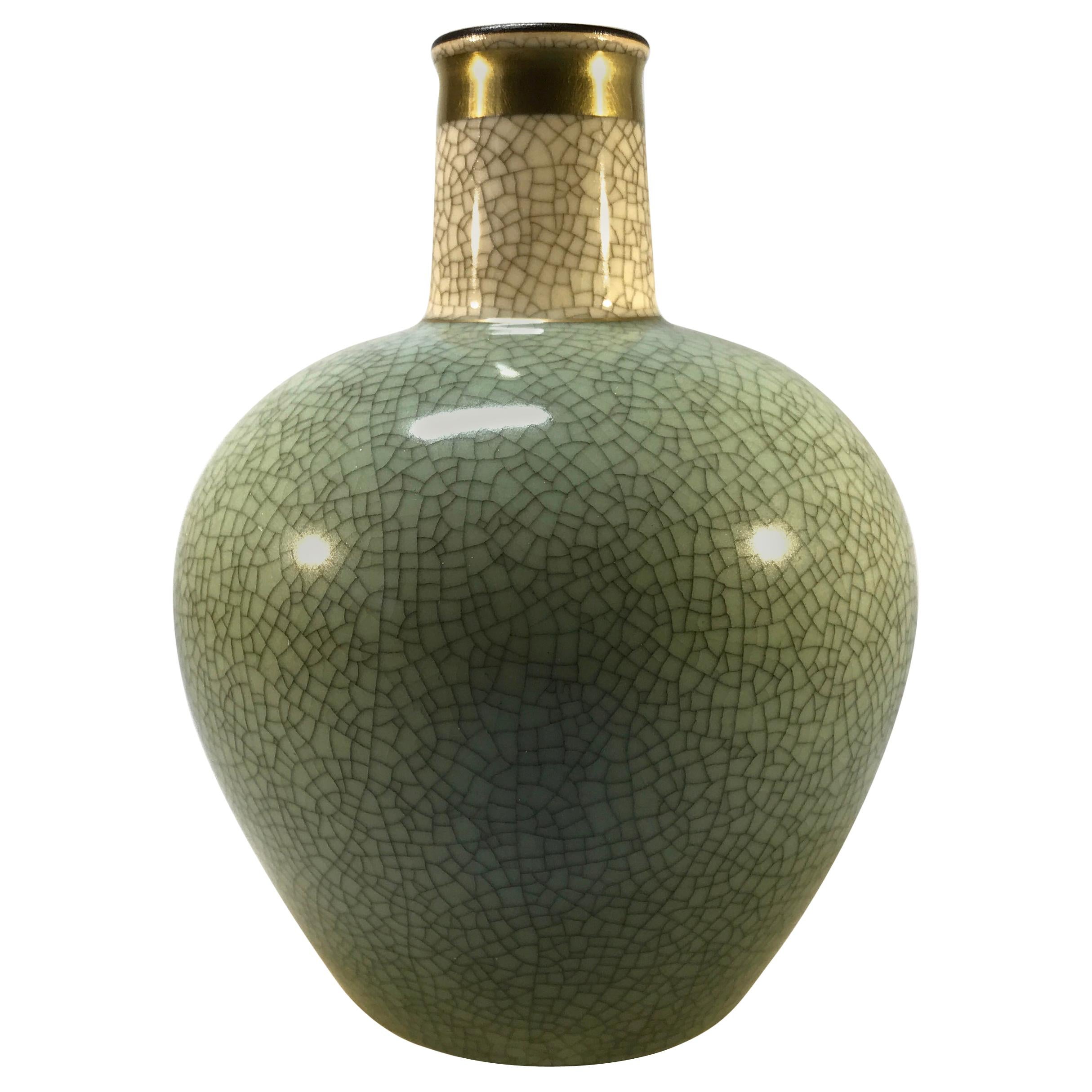 Thorkild Olsen Royal Copenhagen, Green Crackle Glazed Vase Gilded Band #3593