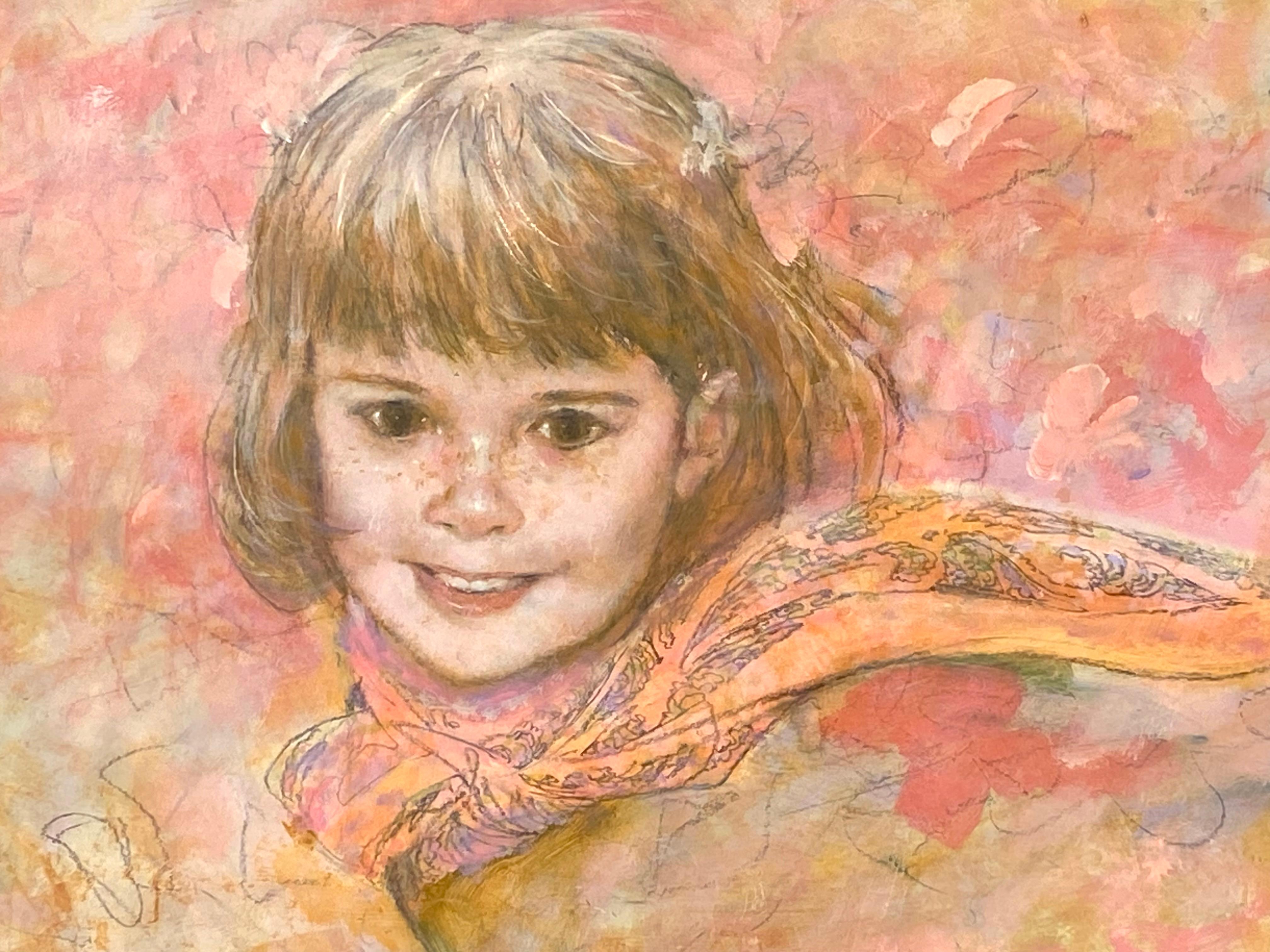 Original mixed media composed of graphite, watercolor, gouache and acrylic paint on hardboard by the well known American artist, Thornton Utz.  Signed lower left and dated 1992.  Condition is excellent. The young smiling girl with a flowing scarf
