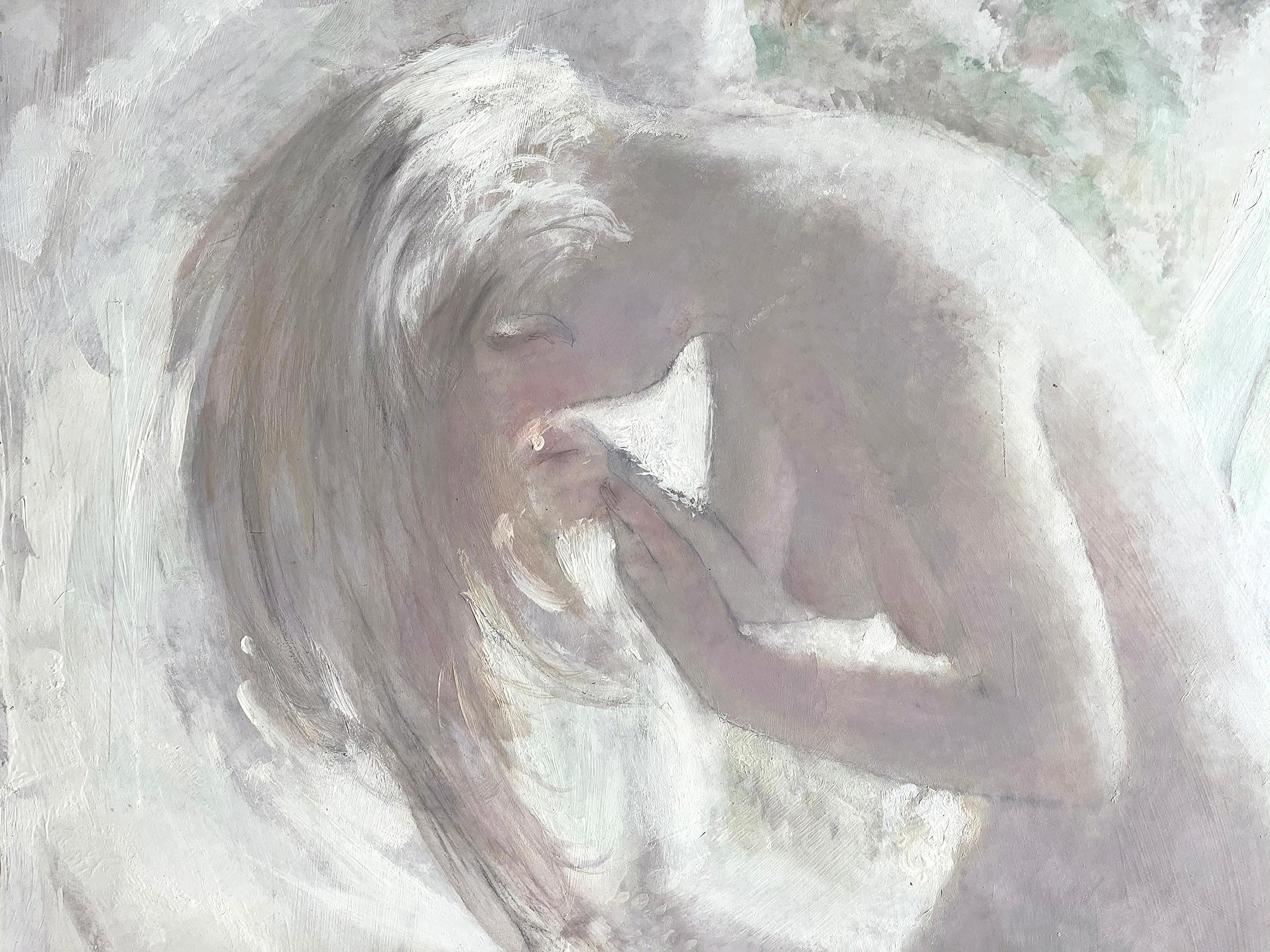 Blond Nude with Cat - White on White Monochromatic - Painting by Thornton Utz
