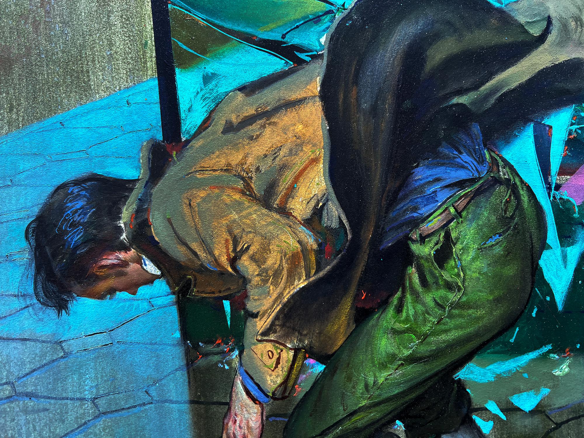 Sparatoria noir con dramma criminale - Illustrazione del Saturday Evening Post - Figurative Painting Blu di Thornton Utz