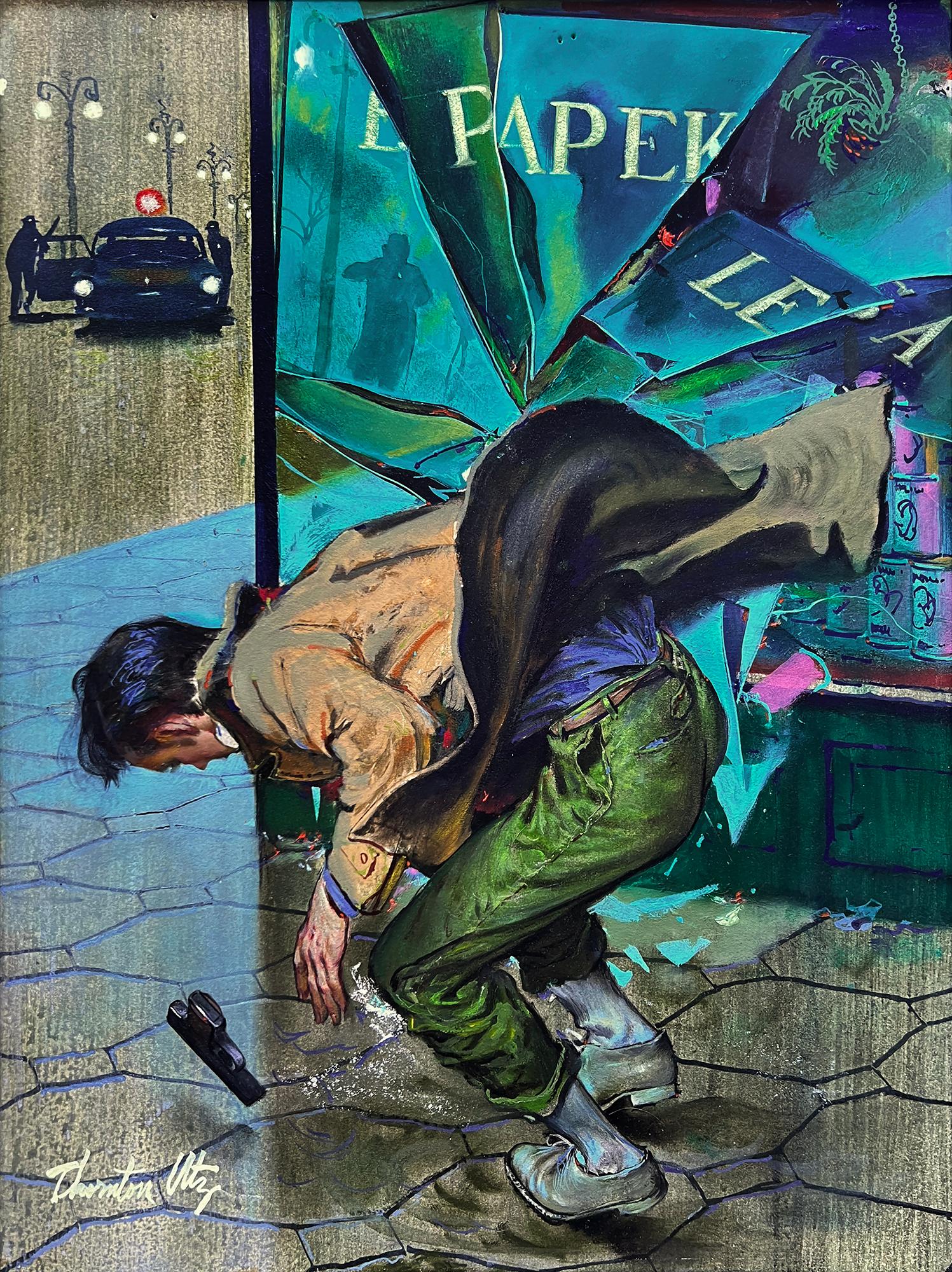 Thornton Utz Figurative Painting - Noir Crime Drama Shooting - Saturday Evening Post Illustration 