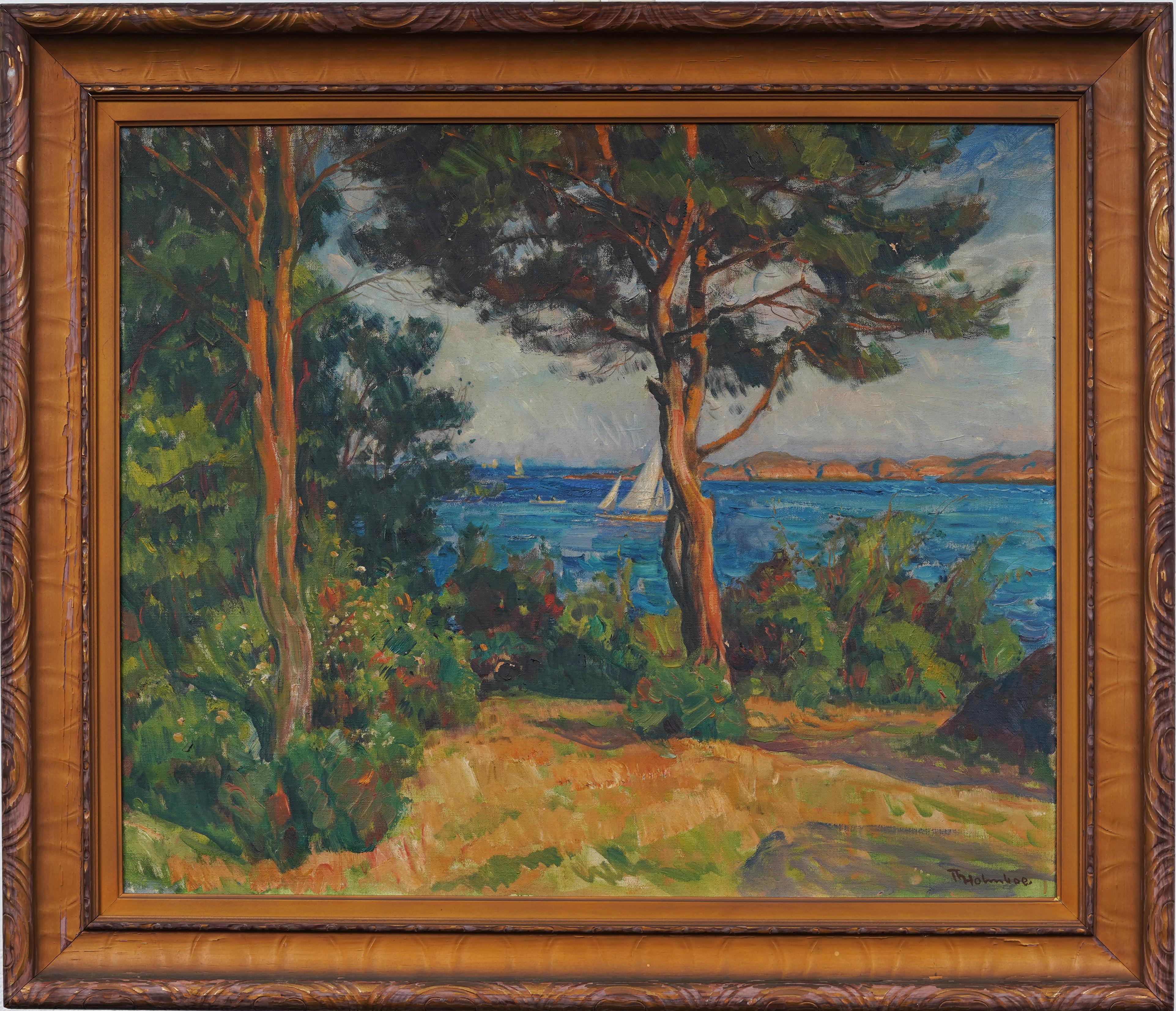 Antique French Norwegian Impressionist Sunset Seascape Pintura enmarcada firmada - Painting de Thorolf Holmboe