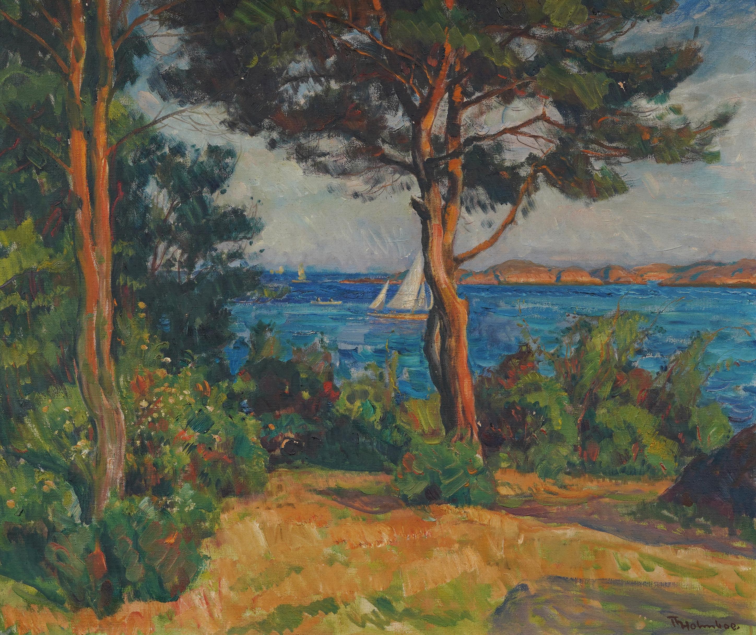 Antique French Norwegian Impressionist Sunset Seascape Pintura enmarcada firmada - Landscape Painting Marrón de Thorolf Holmboe