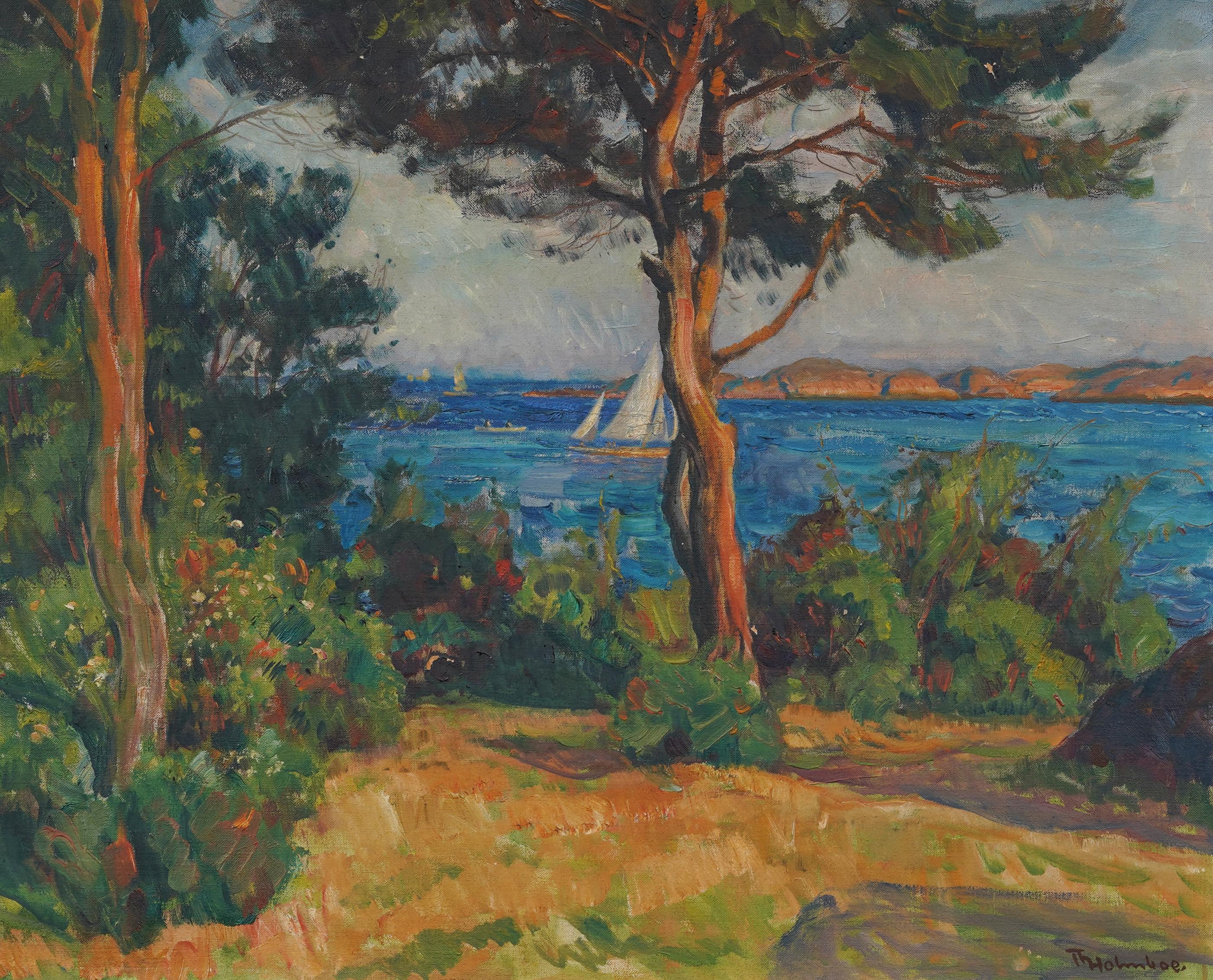 Gran cuadro al óleo de Thorolf Holmboe (1866 - 1935) sobre un velero marino impresionista europeo.  Enmarcado.  Óleo sobre lienzo.  Firmado.  Tamaño de la imagen, 26H por 29L.