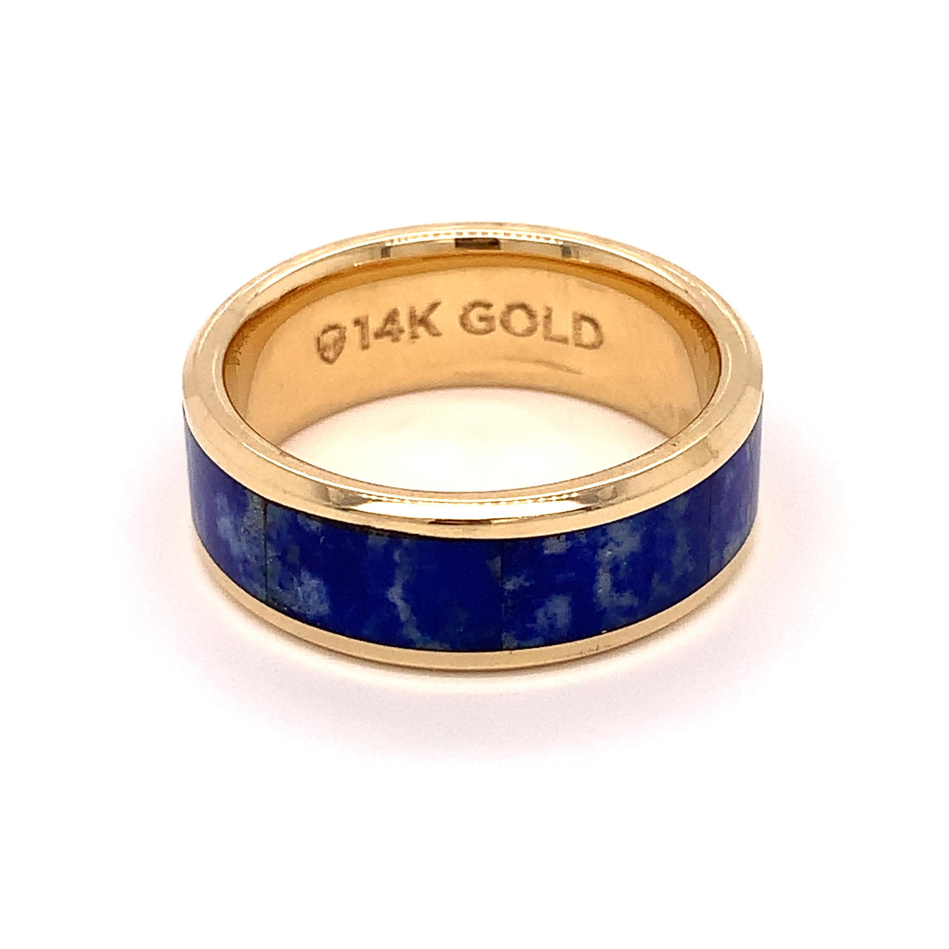 This 14K Yellow Gold men's ring by Thorsten contains a vibrant Lapis Lazuli inlay. This ring is a unique alternative to a traditional wedding band. The band is 8mm wide with polished edges for a more clean and finished look.

This is an estate piece