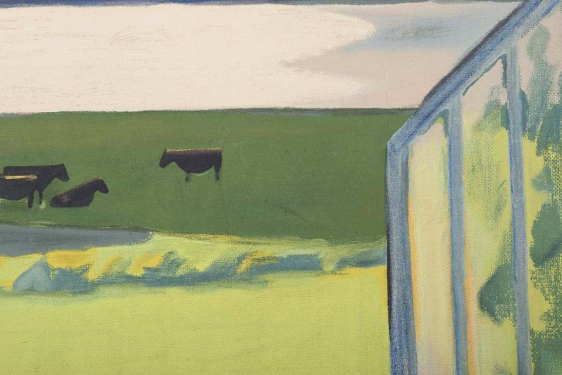 Thorvald Hagedorn-Olsen. Oil on board. Modernist Danish landscape In Excellent Condition For Sale In Copenhagen, DK