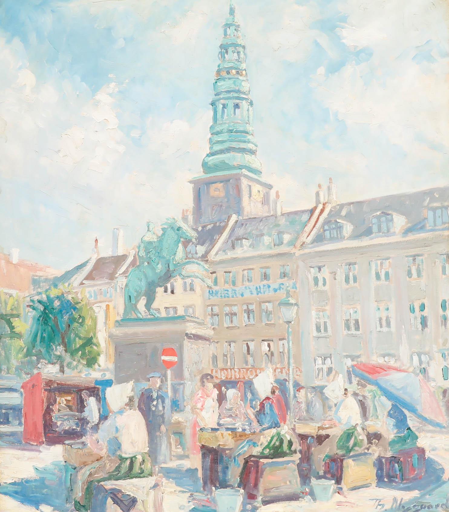 Thorvald Nygaard (1892-1973) - Huile, Pêcheuses près de la statue de l'évêque Absalon en vente 1