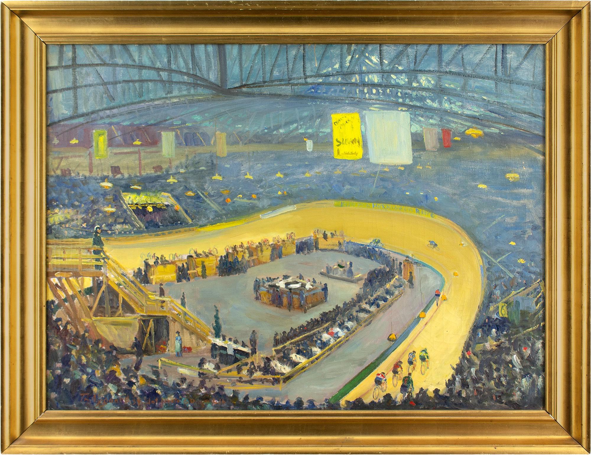 This exhilarating oil painting by Thorvald Nygaard (1892-1973) depicts the first ‘Six-Day Race’ in Denmark, which was held at the Forum København. It’s a spirited work abundant with vibrancy, drama and life.

The Six-Day Race dates back to 1875 with