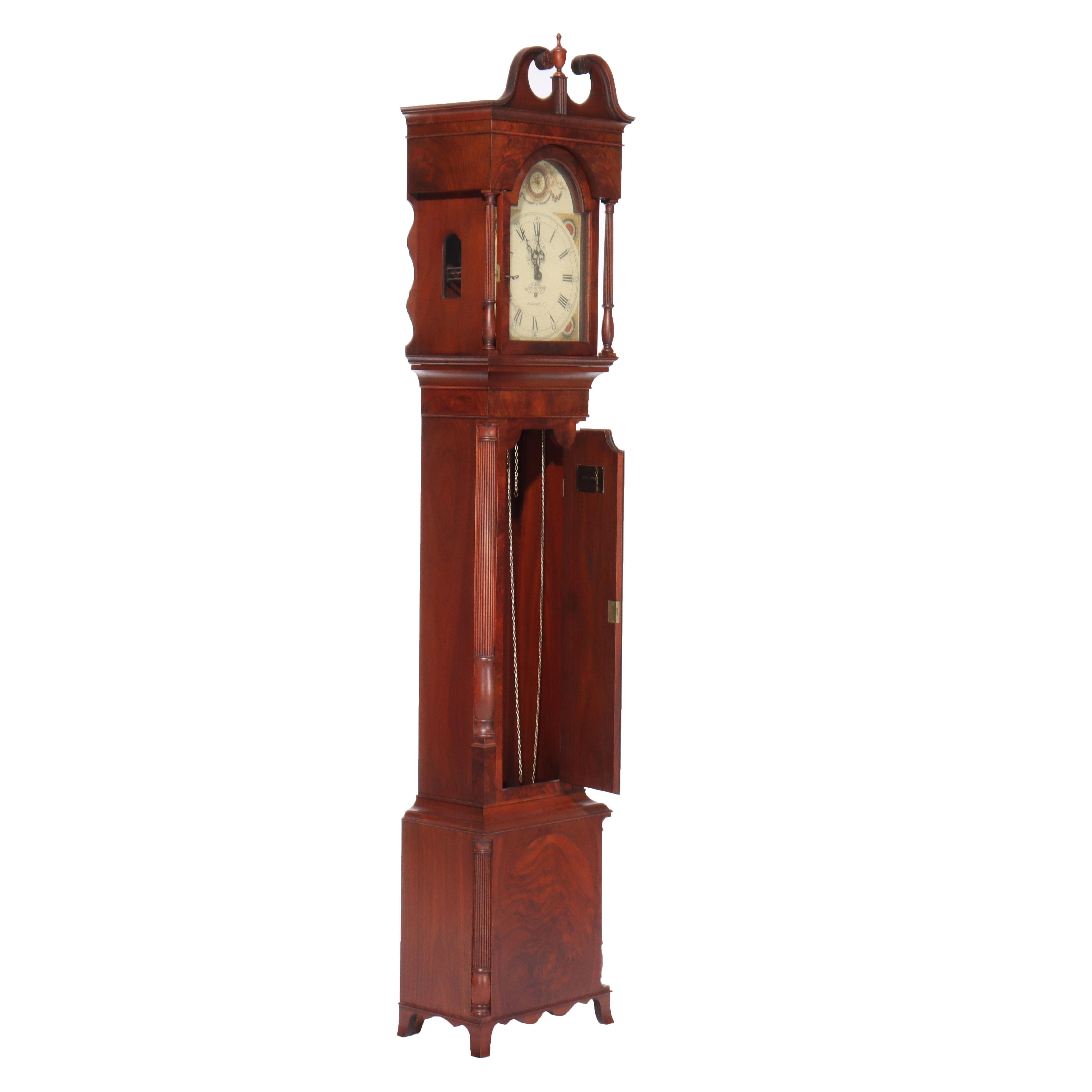 Thos Voight Philadelphia Copy Thomas Jefferson Flame Mahogany Grandfather Clock For Sale 14