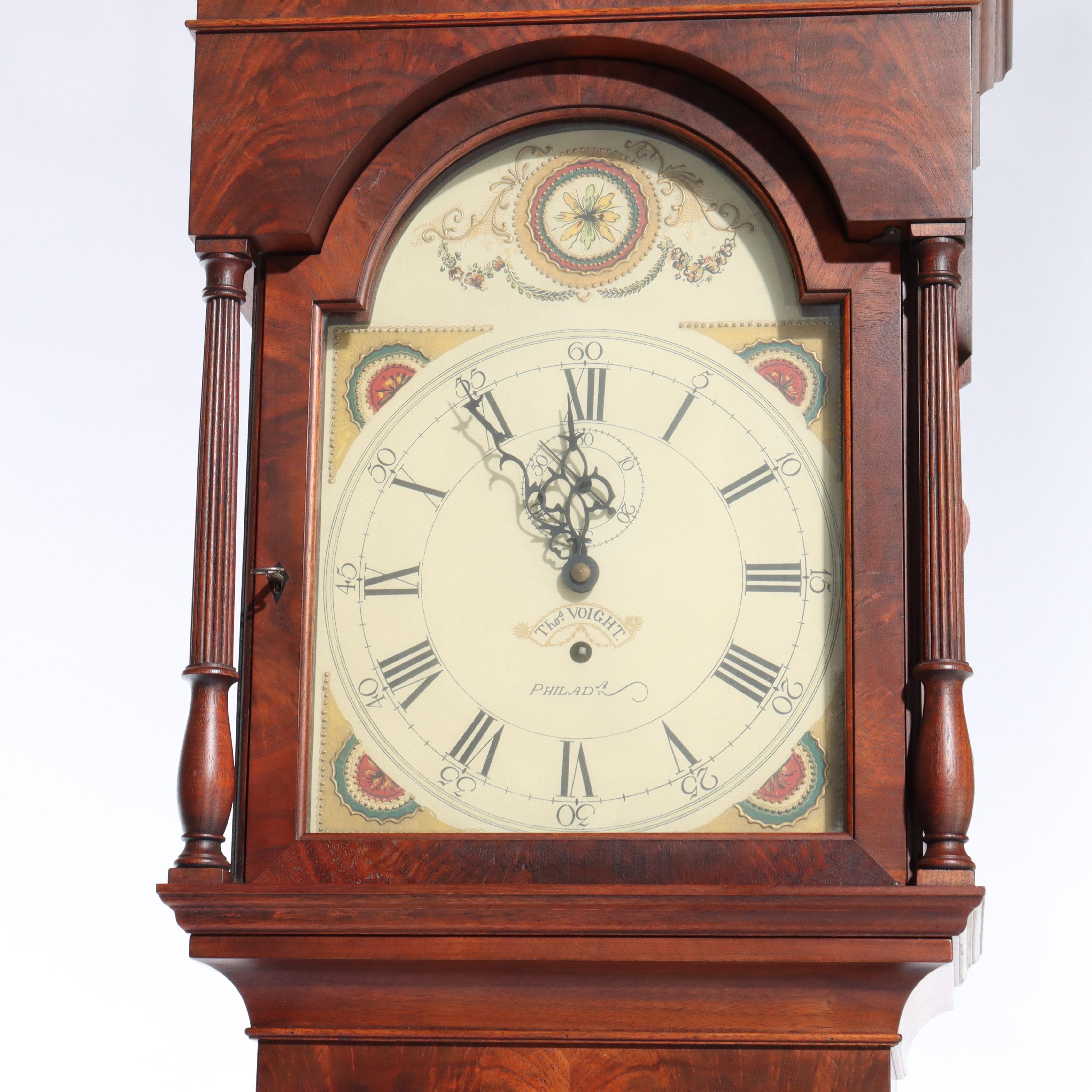 ***Reduced In-House Delivery Rates - Click on “Ask Seller” to Request a Quote***
Thomas Voight Philadelphia Copy Of Thomas Jefferson Flame Mahogany Grandfather Clock With Quarter Pillars And Commemoration Plaque Signed C1978
Measures - 93 1/2
