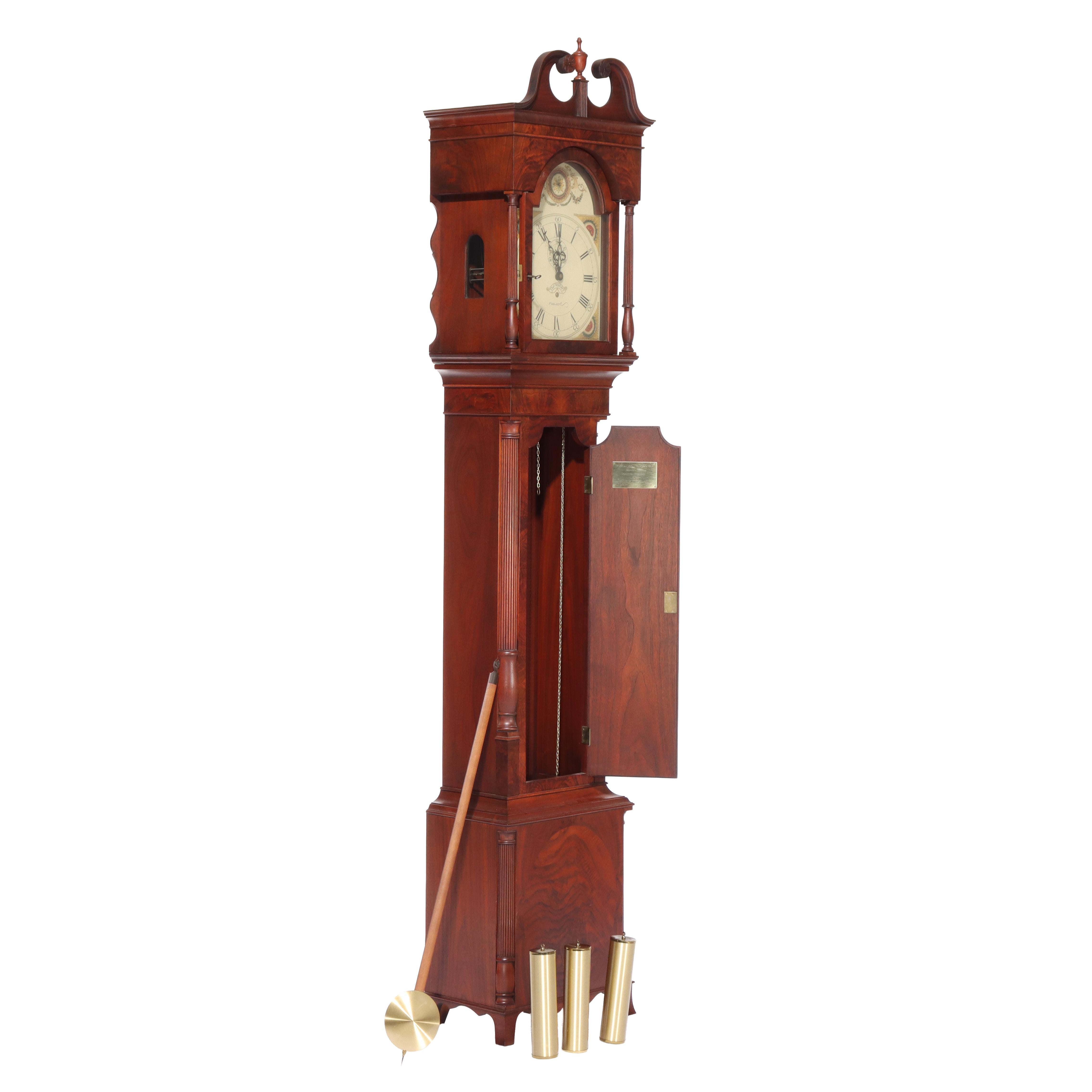 Thos Voight Philadelphia Copy Thomas Jefferson Flame Mahogany Grandfather Clock In Good Condition For Sale In Big Flats, NY