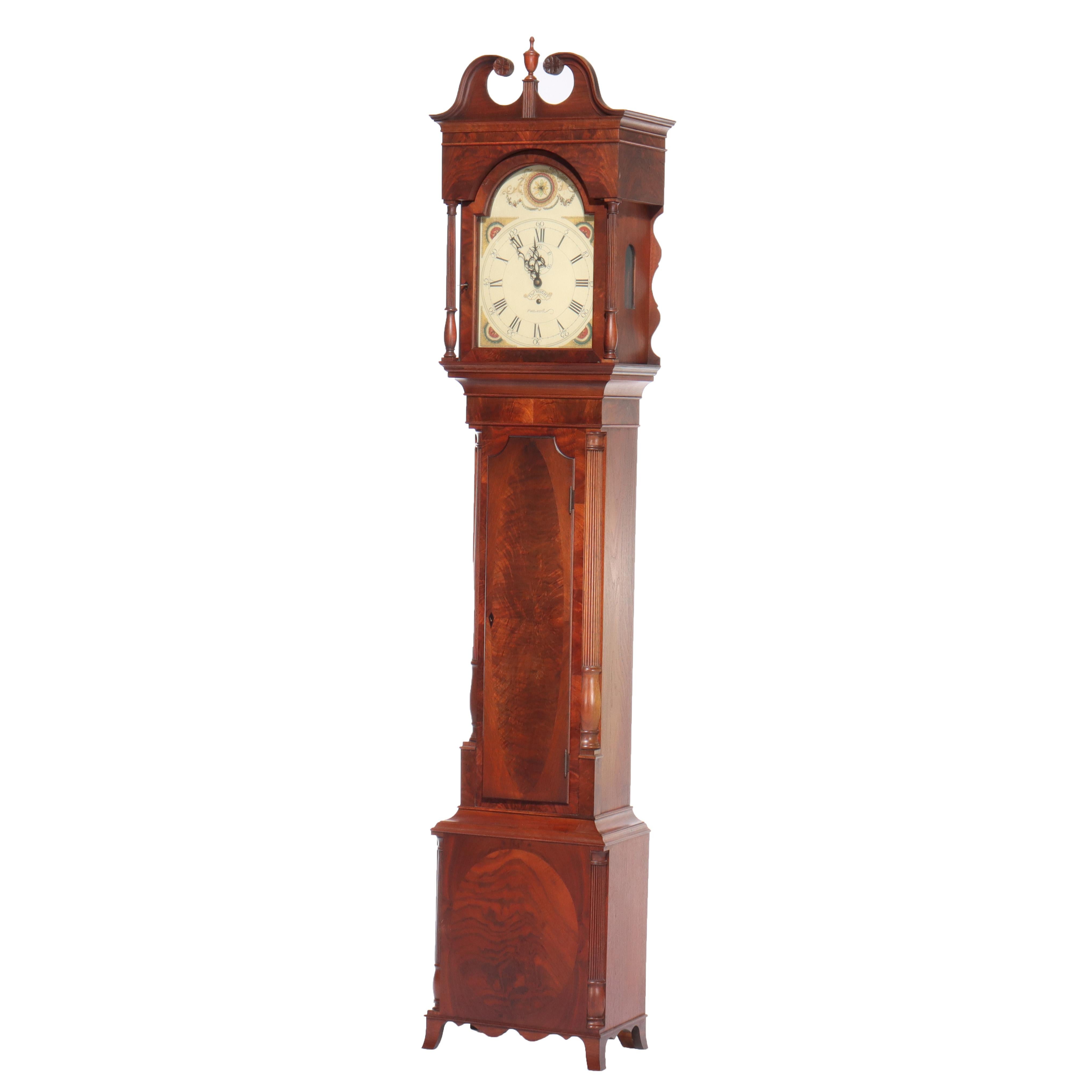 20th Century Thos Voight Philadelphia Copy Thomas Jefferson Flame Mahogany Grandfather Clock For Sale