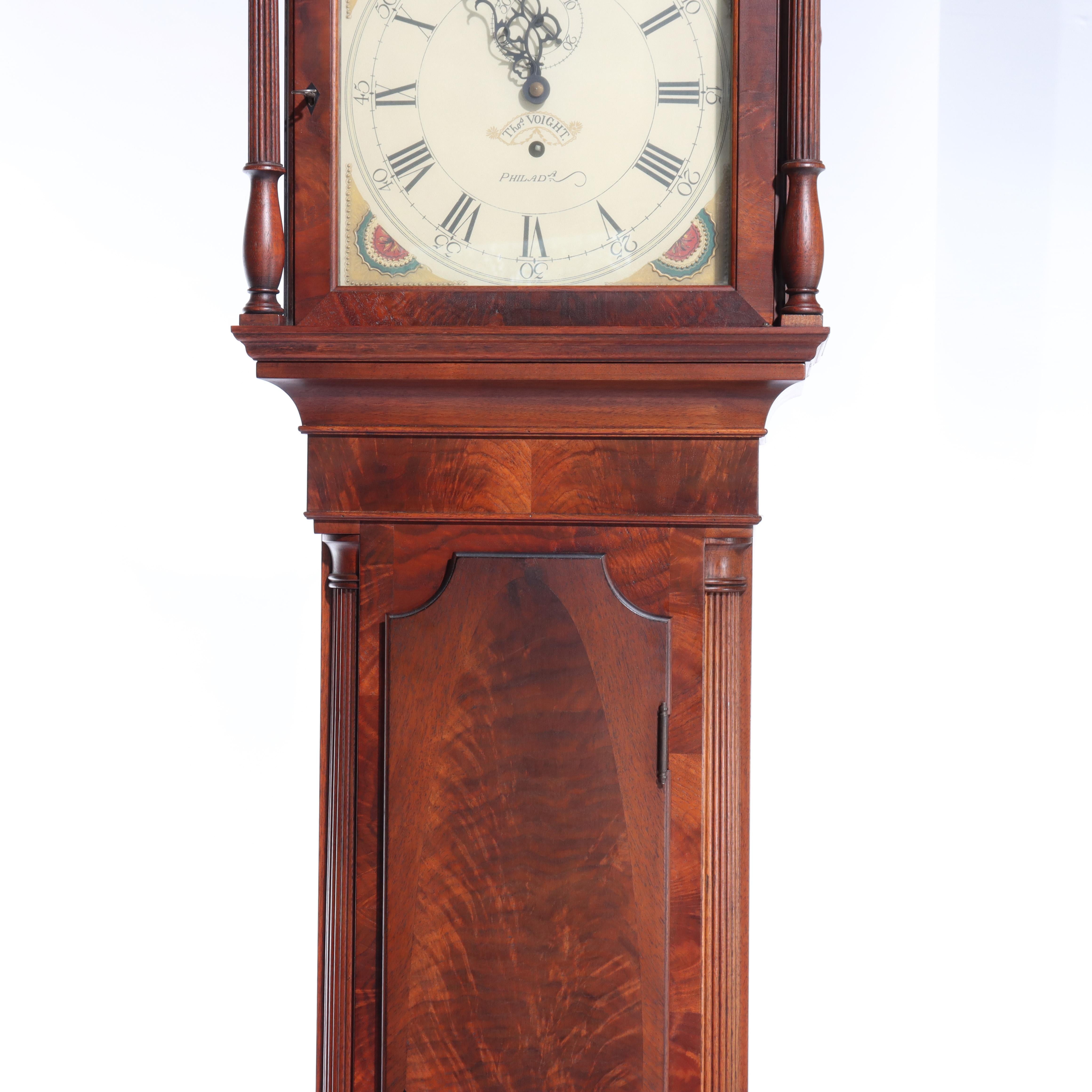Thos Voight Philadelphia Copy Thomas Jefferson Flame Mahogany Grandfather Clock For Sale 3