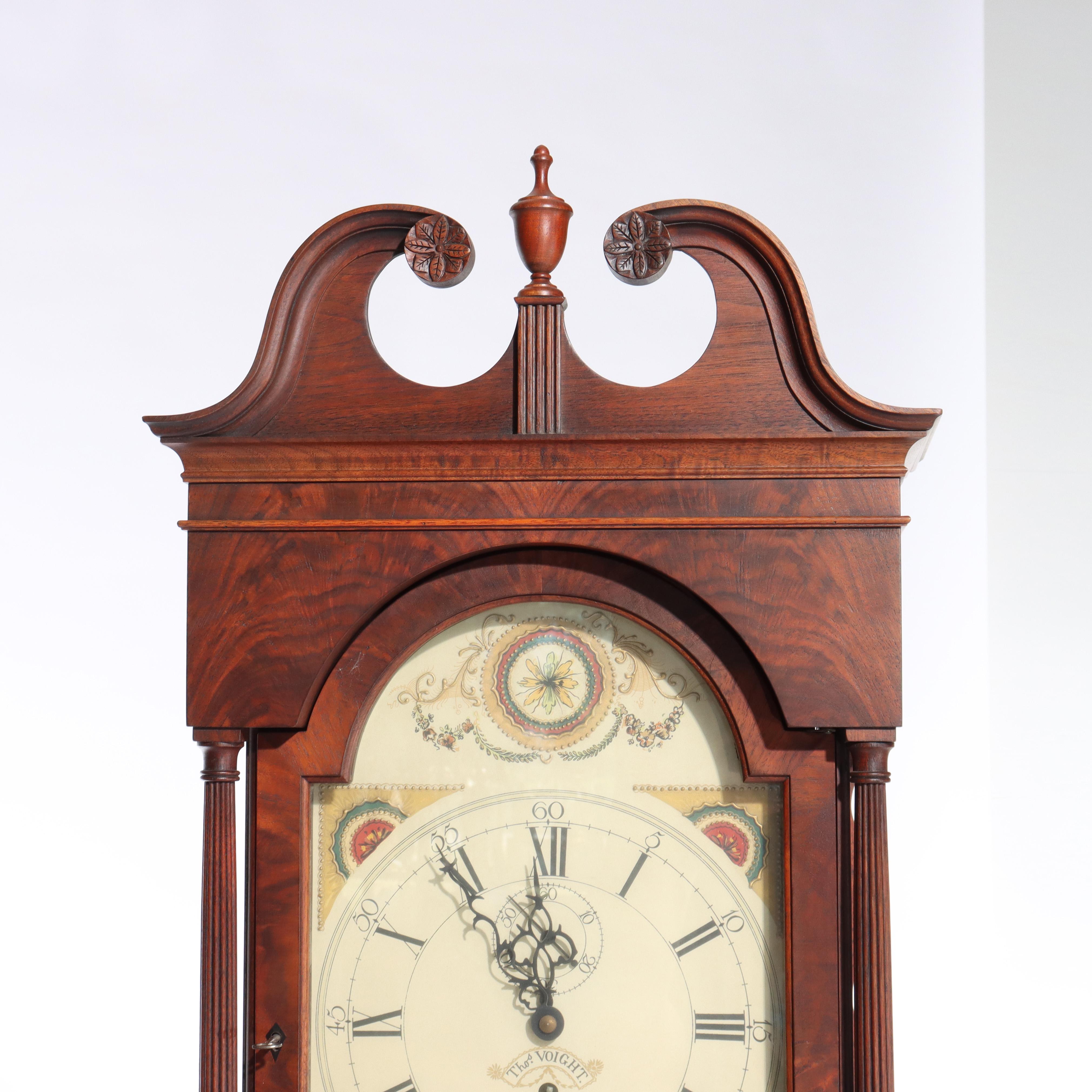 Thos Voight Philadelphia Copy Thomas Jefferson Flame Mahogany Grandfather Clock For Sale 4
