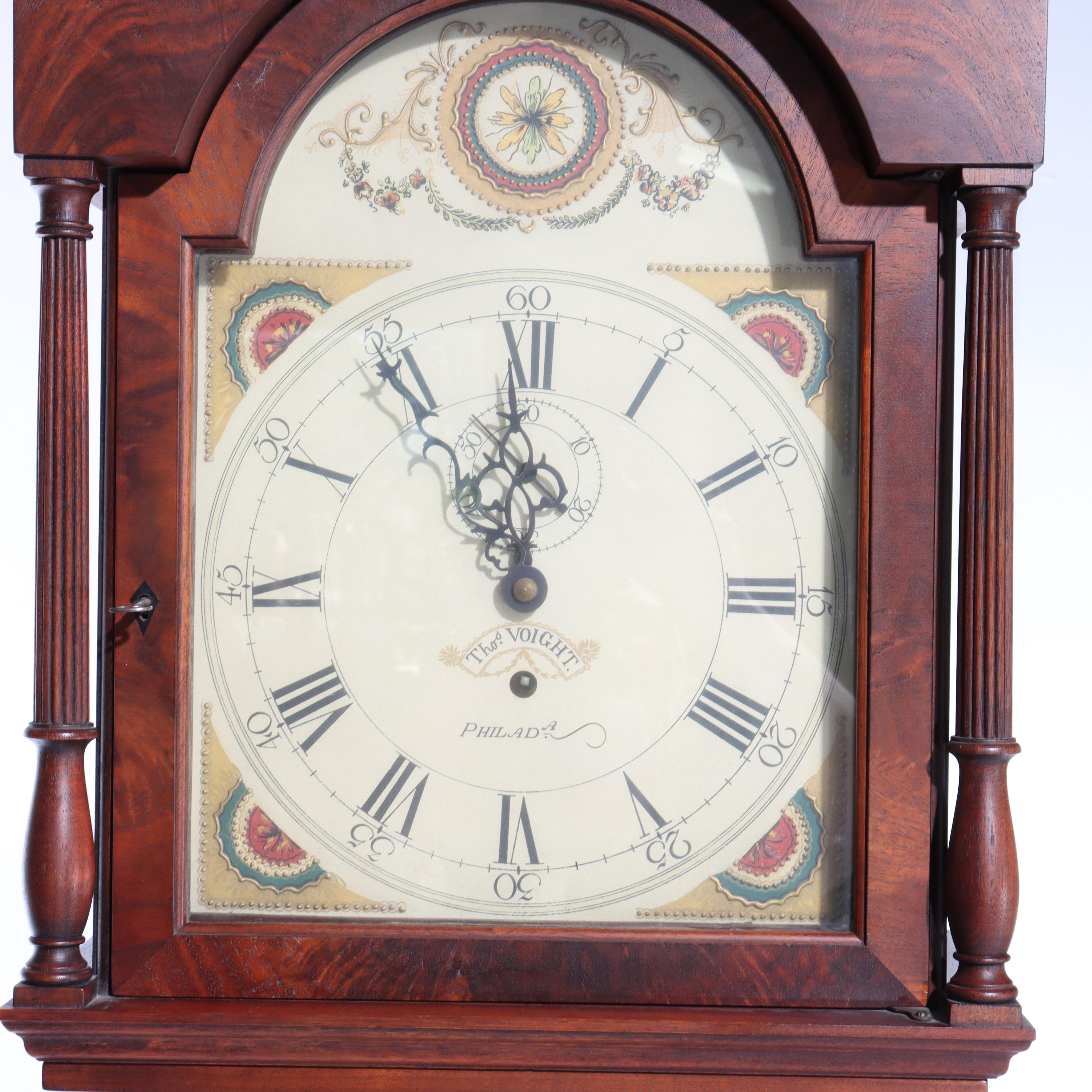 Thos Voight Philadelphia Copy Thomas Jefferson Flame Mahogany Grandfather Clock For Sale 5