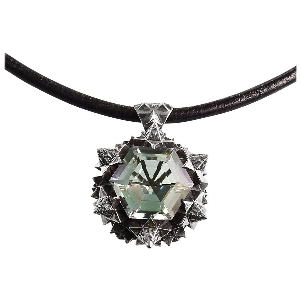 Women's or Men's Thoscene Green Amethyst Silver Joy Pendant Necklace For Sale