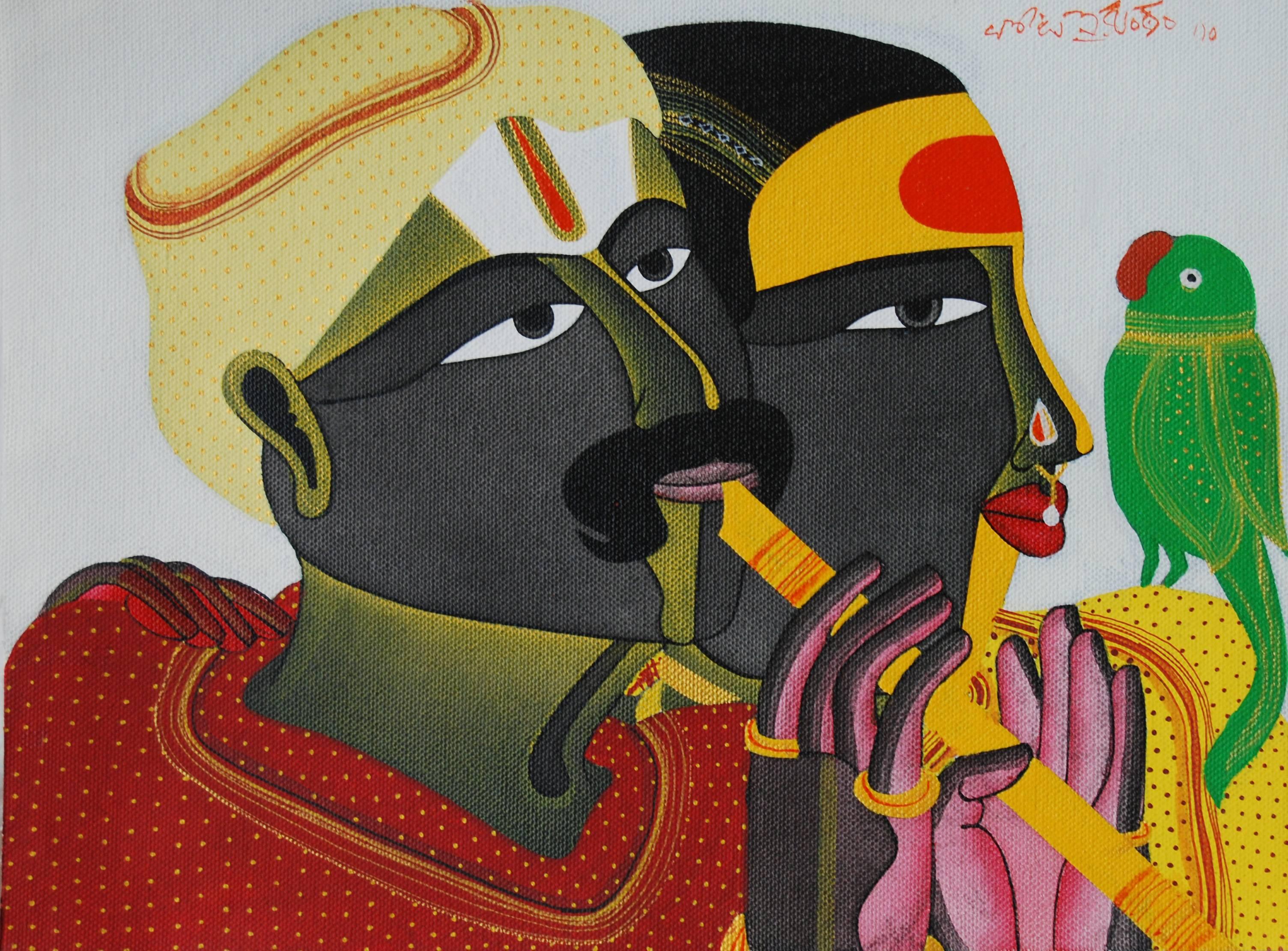 Duet with Parrot, Couples, Acrylic on Canvas by Modern Indian Artist 