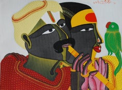Duet with Parrot, Couples, Acrylic on Canvas by Modern Indian Artist "In Stock"