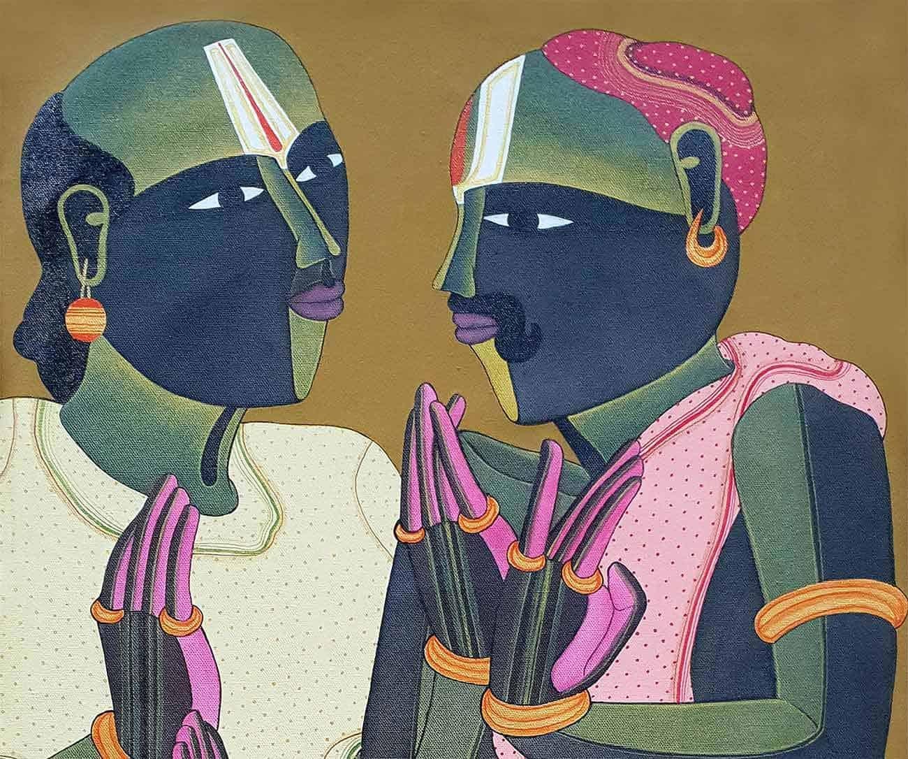Conversation, Acrylic on Canvas, Red, Pink, Green from India 
