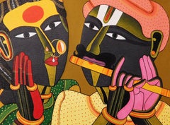 Telengana Paar:: Romantik:: Acryl auf Leinwand:: Rot:: Gelb:: Pink "Auf Lager"