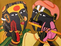 Used Telengana Couple, Romance, Acrylic on Canvas, Red, Yellow, Pink "In Stock"