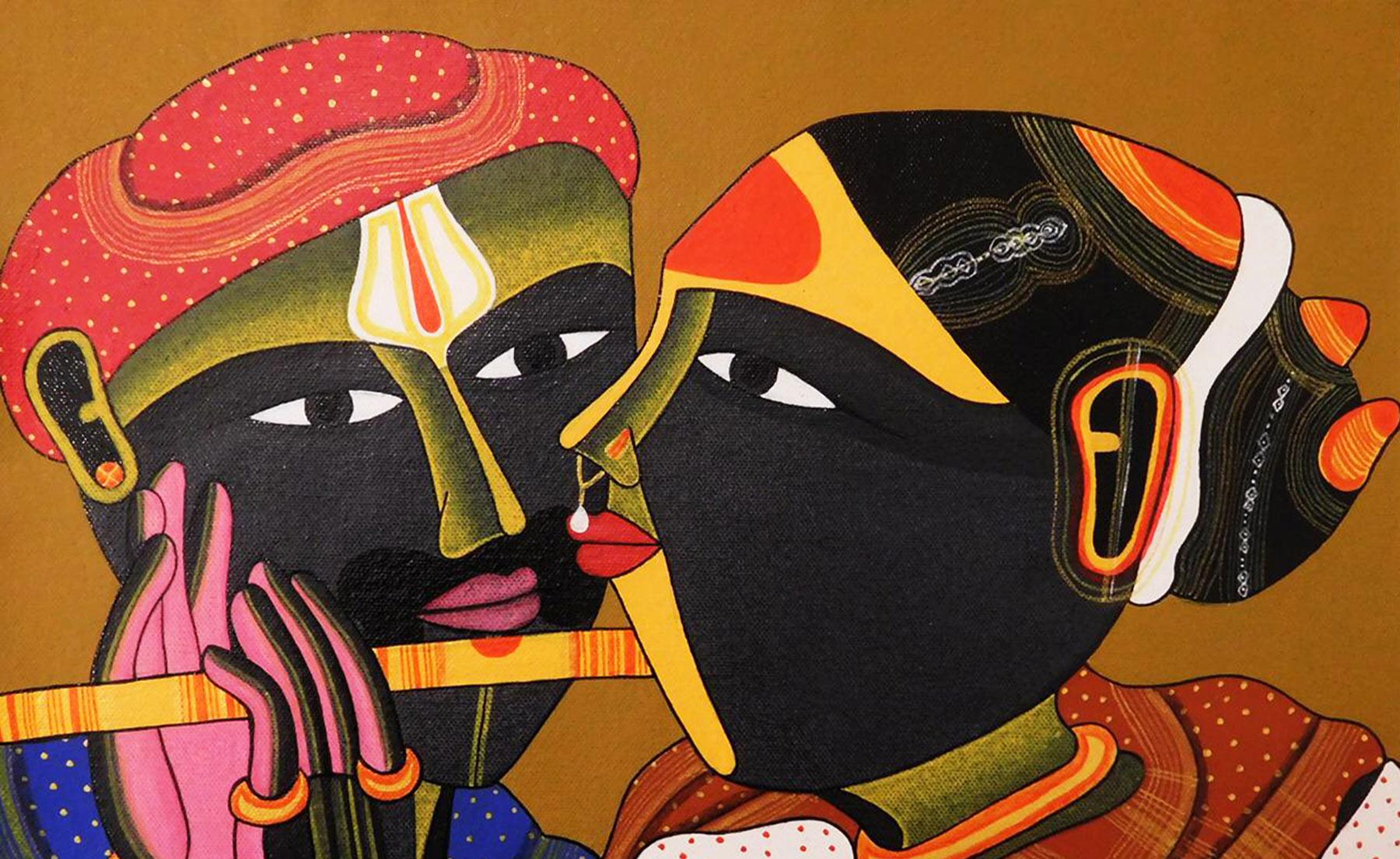 Telengana Couple, South Indian, Acrylic on Canvas, Red, Yellow, Brown 