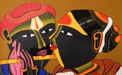Telengana Couple, South Indian, Acrylic on Canvas, Red, Yellow, Brown "In Stock"
