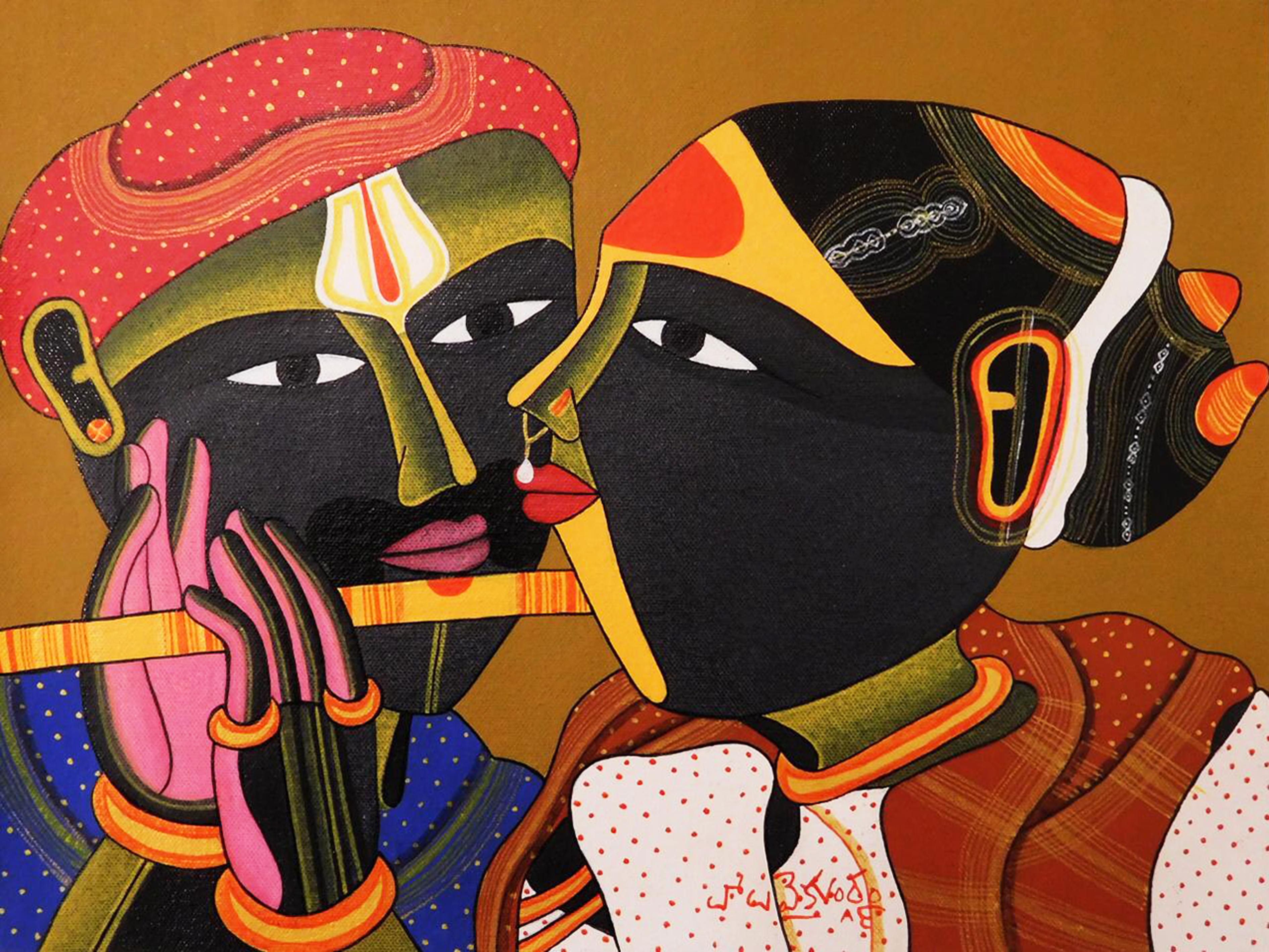 Thota Vaikuntam Portrait Painting - Telengana Couple, South Indian, Acrylic on Canvas, Red, Yellow, Brown "In Stock"