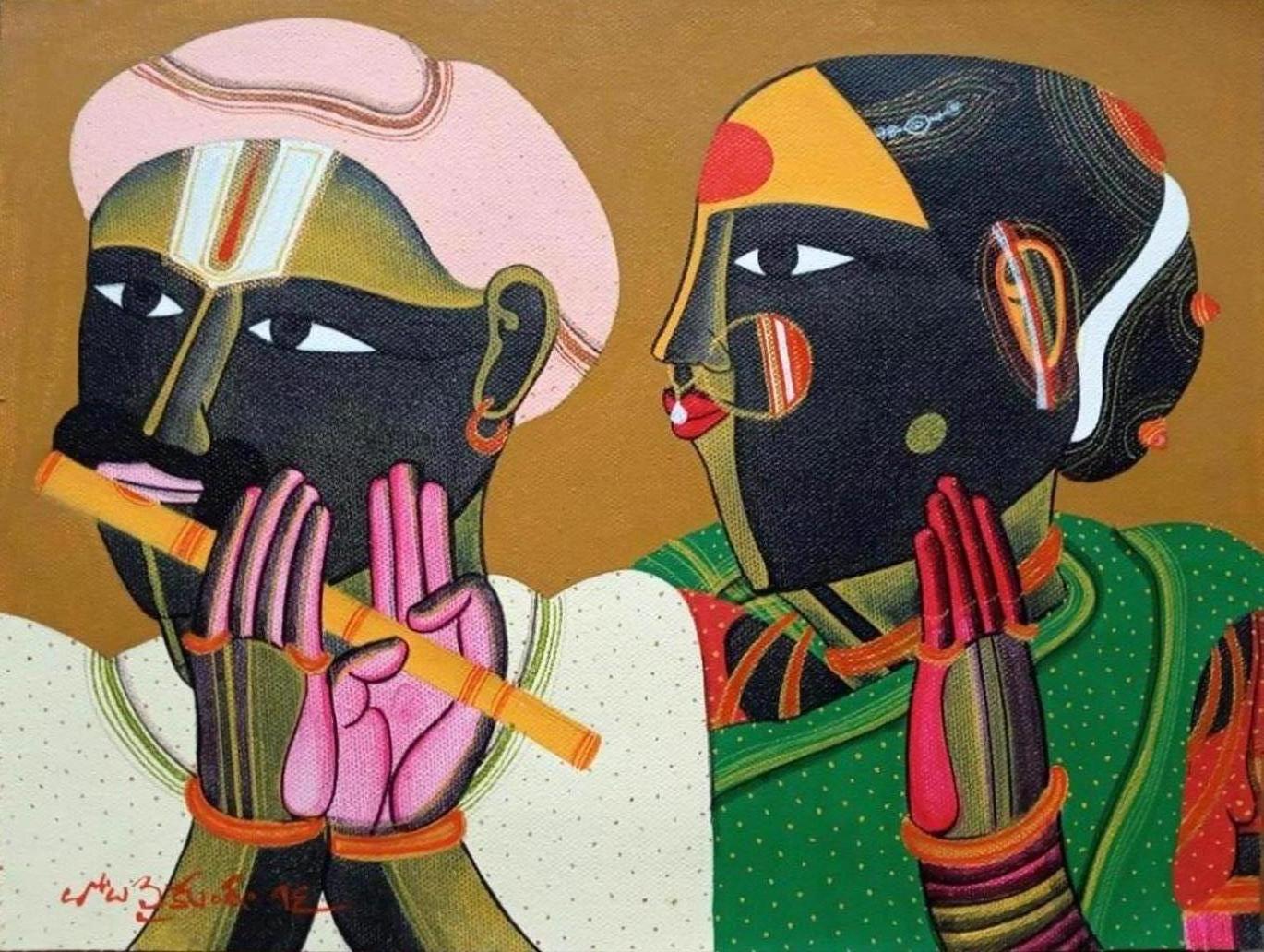 Thota Vaikuntam Figurative Painting - Telengana Couple, South Indian, Acrylic on Canvas, Red, Yellow, Green "In Stock"