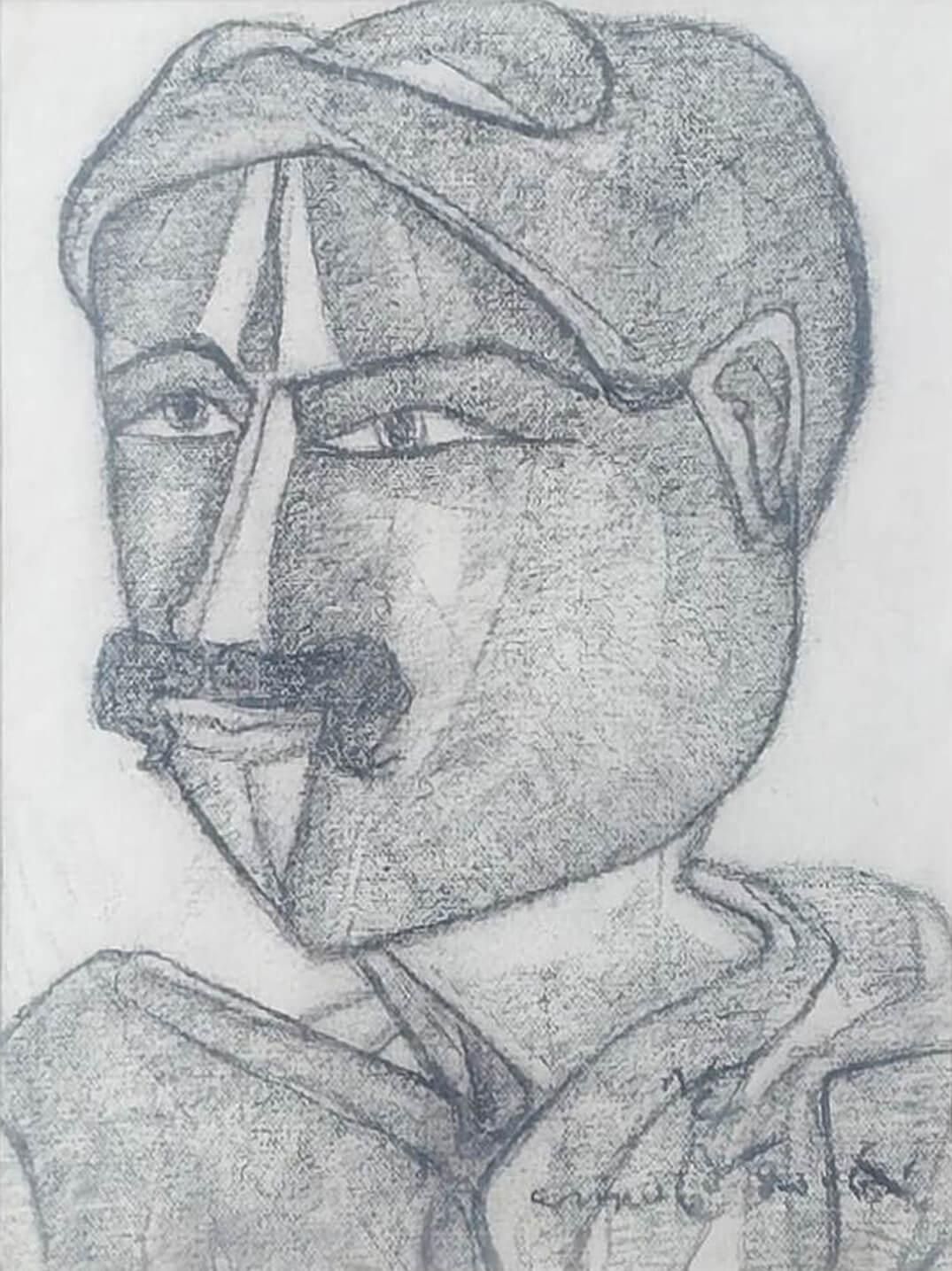 Telengana Man, Kohle auf Leinwand von Modern Artist "Auf Lager"