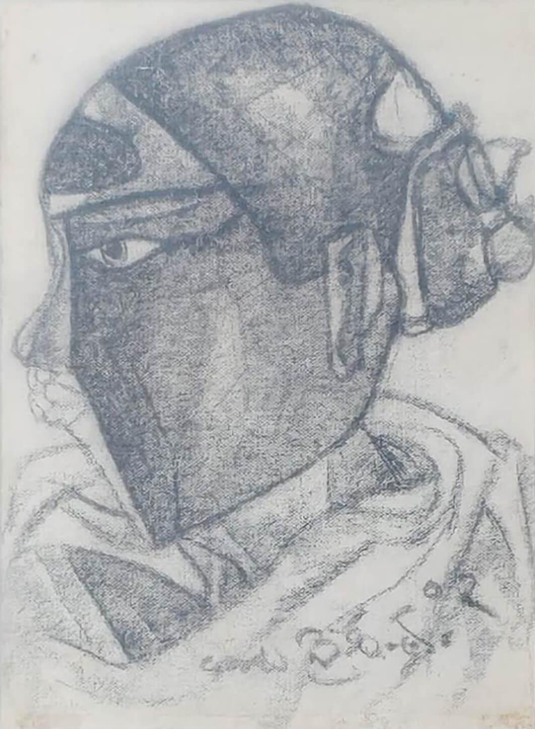 Telengana Frau, Kohle auf Leinwand von Modern Artist "Auf Lager"