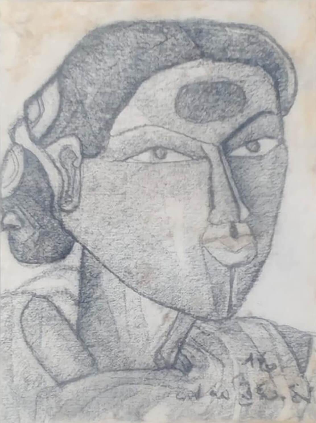 Telengana Frau, Kohle auf Leinwand von Modern Artist "Auf Lager"