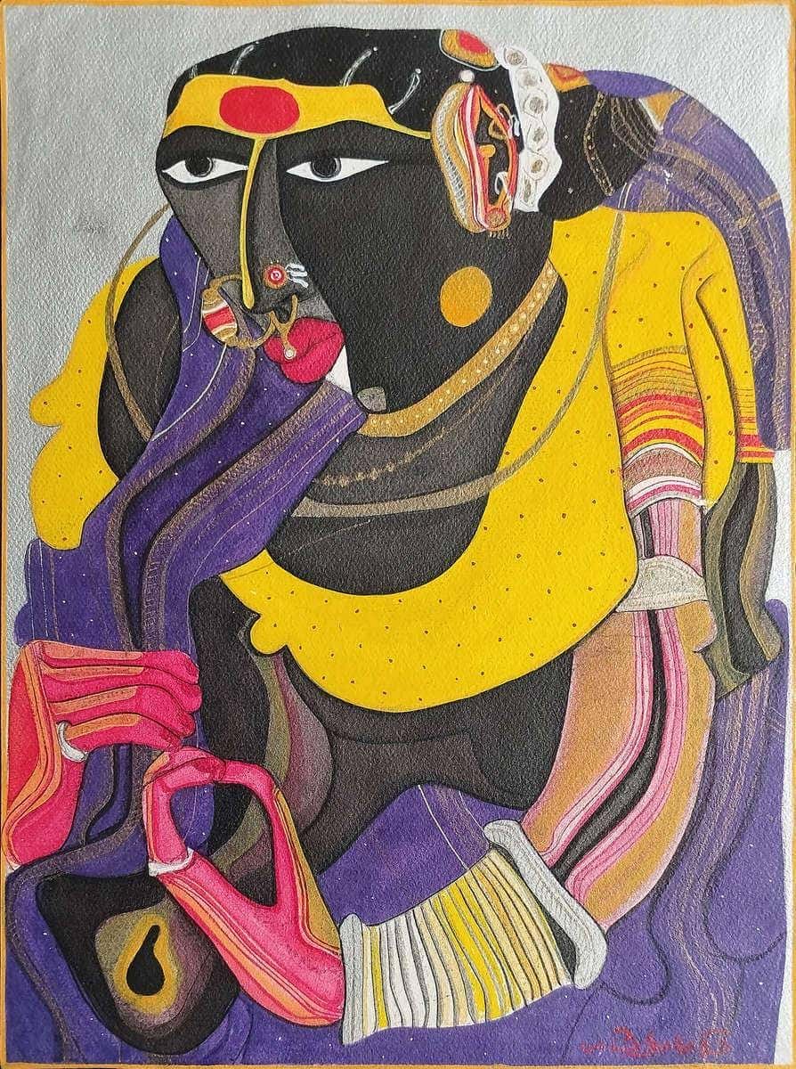 Telengana Woman, Mixed Media on Paper by Modern Artist Thota Vaikuntam-In Stock