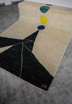 Rug -Modern Geometric Cream Black Wool Green Red Blue w/ Circle Rustic Carpet