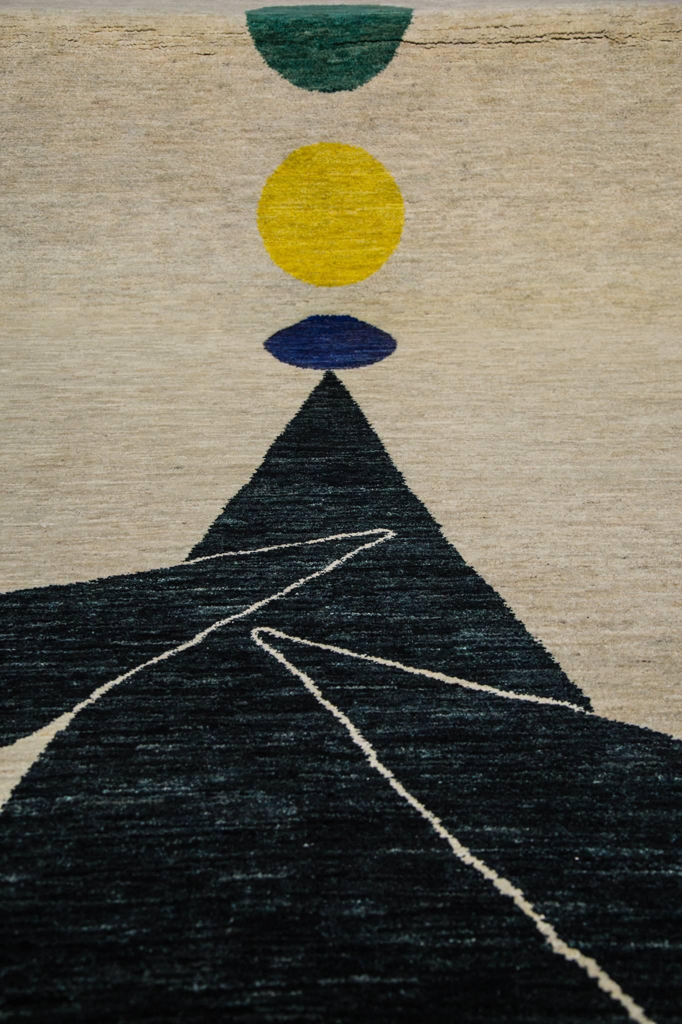 Moderne Tapis  -Tapis rustique moderne géométrique crème noir laine vert rouge bleu avec cercle en vente