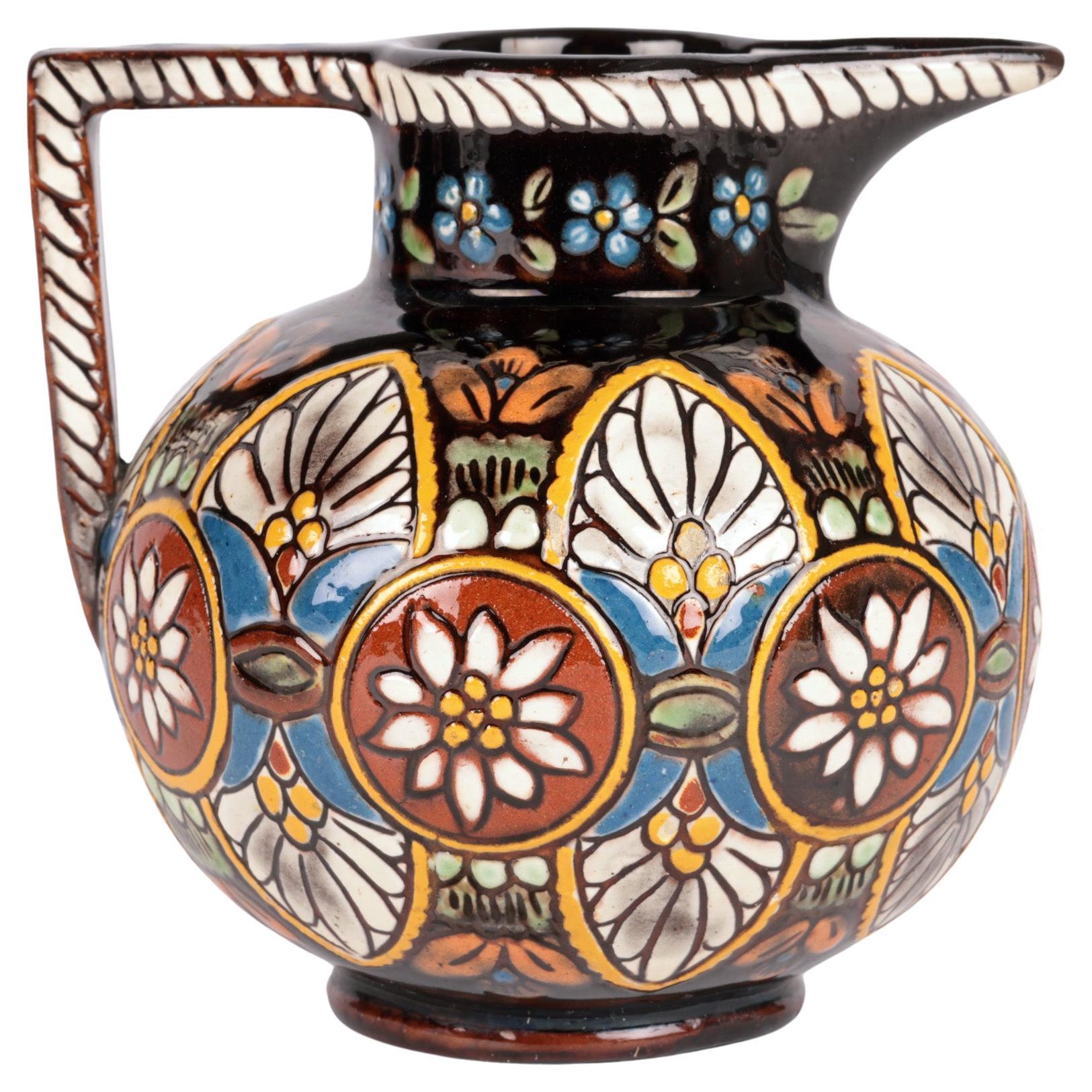 Thoune Swiss Majolika Floral Pattern Musee Ceramique Jug  For Sale