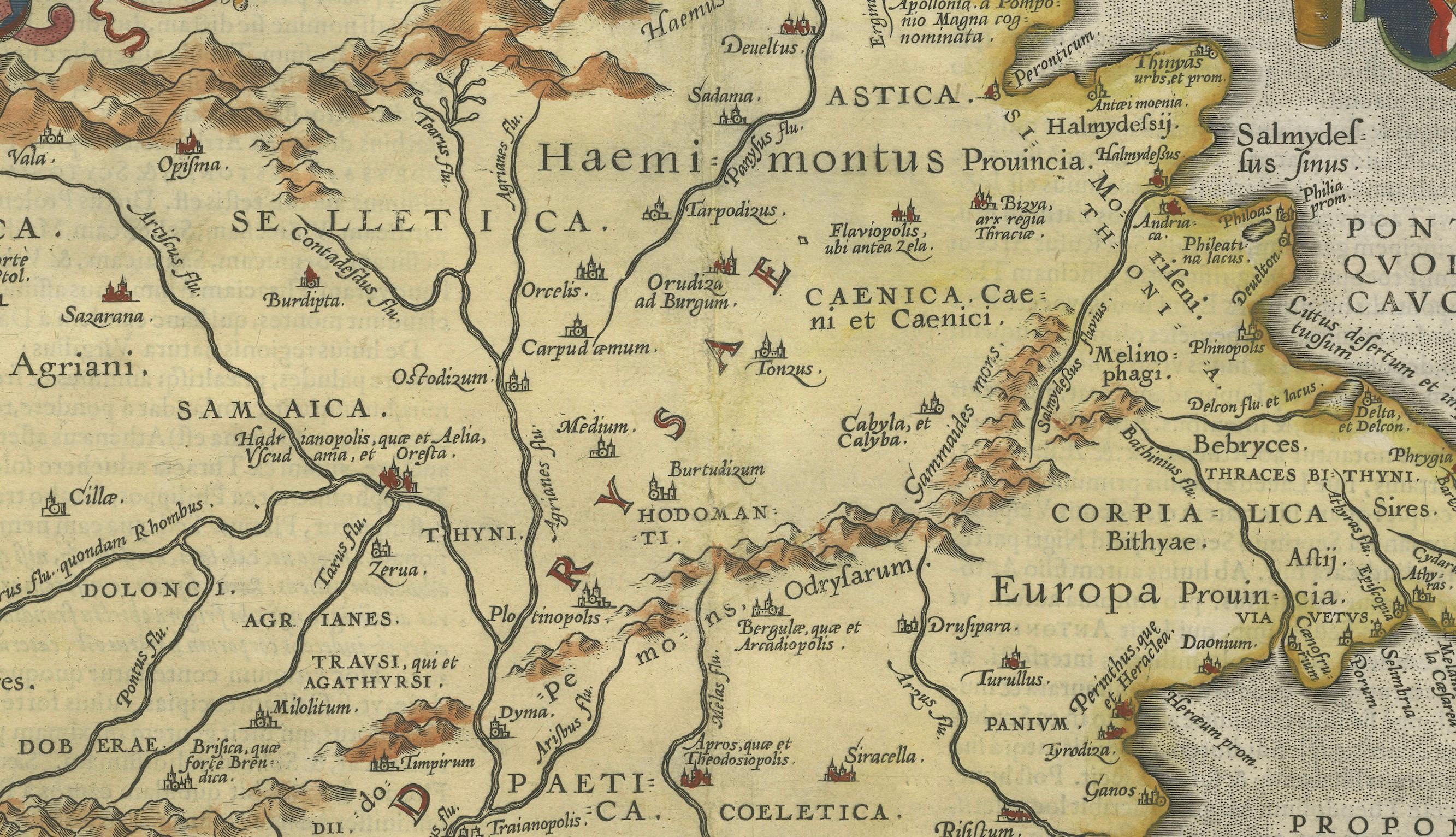 Gravé Thraciae Veteris Typus - Carte Ortelius de 1618 de l'ancienne Thrace avec couleurs à la main en vente
