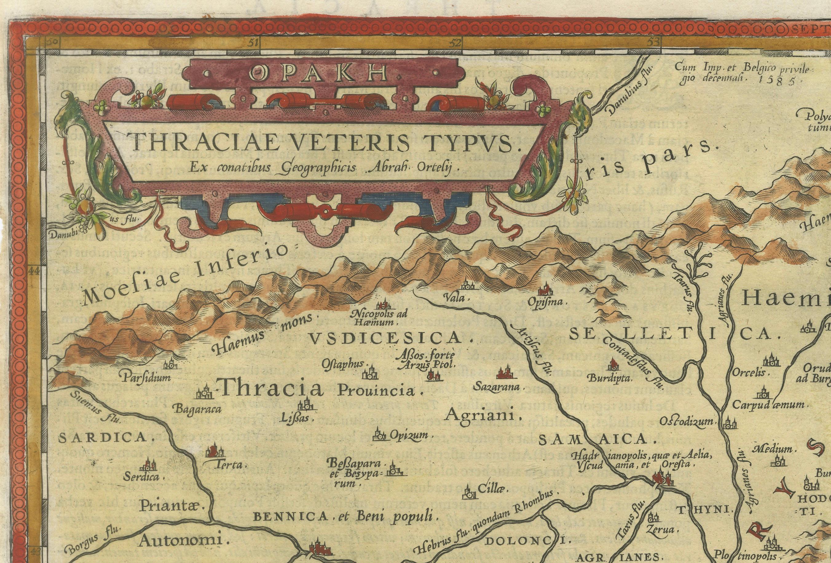 Thraciae Veteris Typus - Carte Ortelius de 1618 de l'ancienne Thrace avec couleurs à la main en vente 1