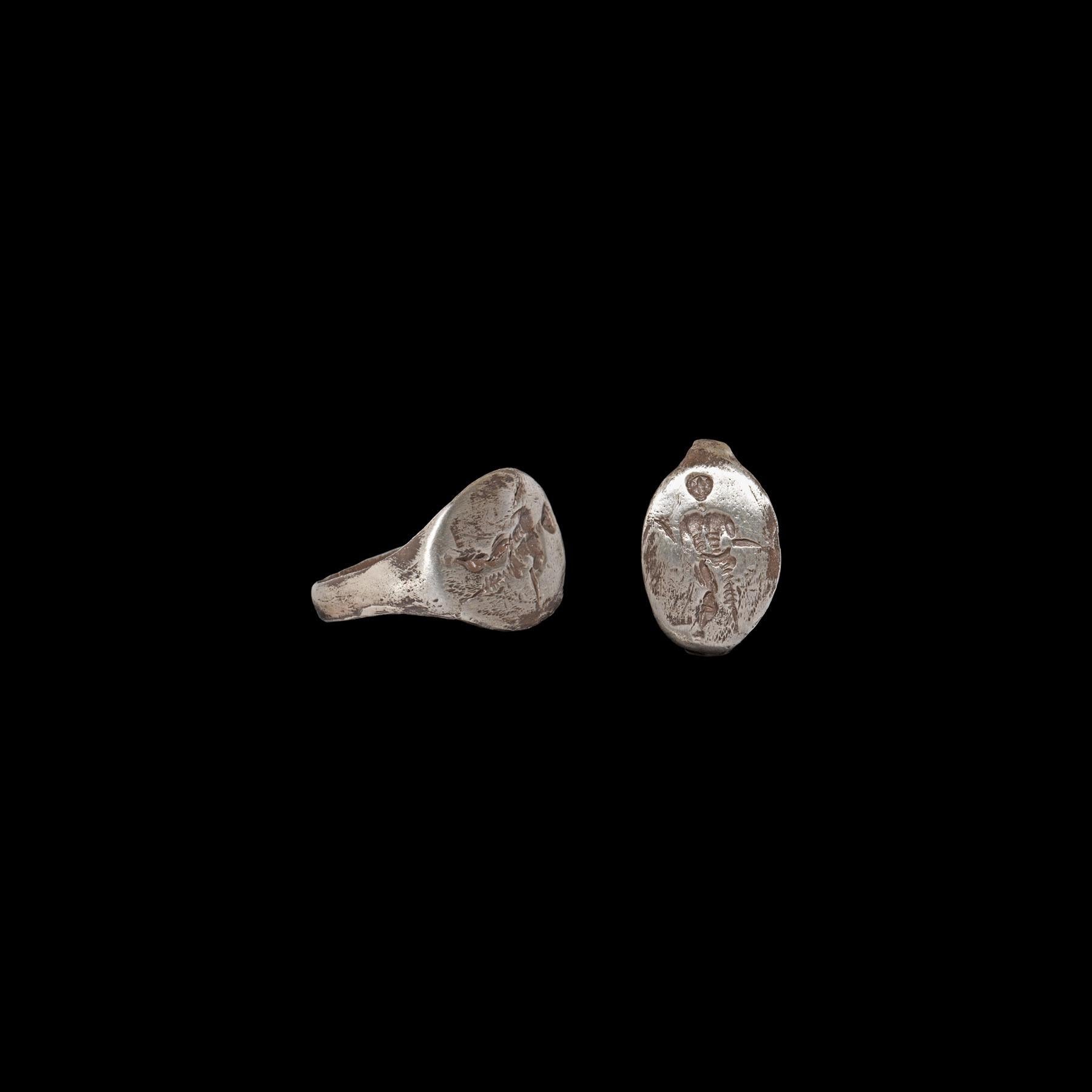 Hand-Crafted Thracian Silver Ring with a Nude Male Figure, 5th-3rd Century BC, Provenance