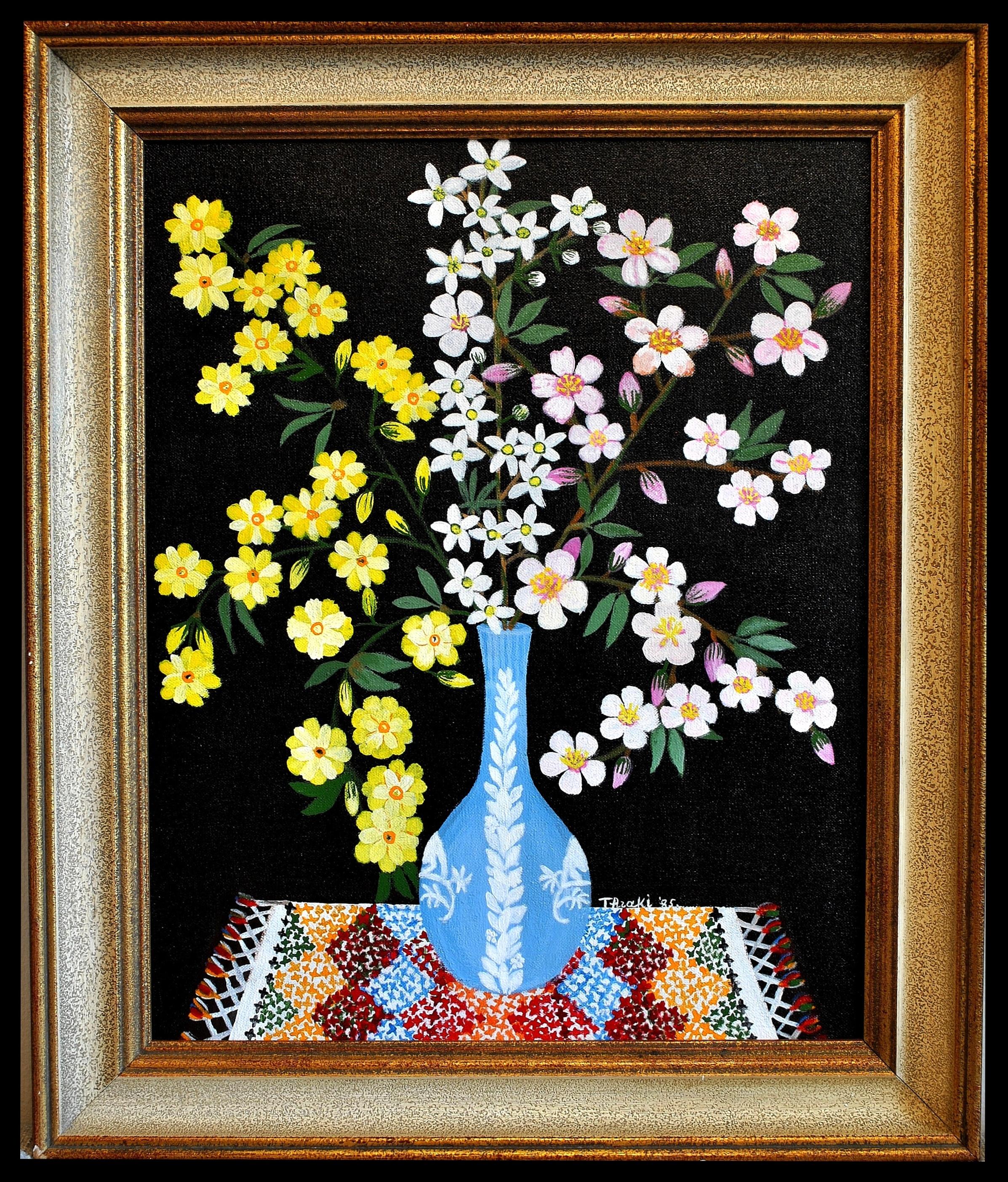 Thraki Rossidou Jones Still-Life Painting – Frühlingsblüte in einer Wedgwood Vase - Naïf Zyprische Blumen Stilleben Gemälde