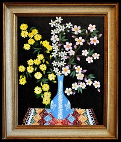 Frühlingsblüte in einer Wedgwood Vase - Naïf Zyprische Blumen Stilleben Gemälde