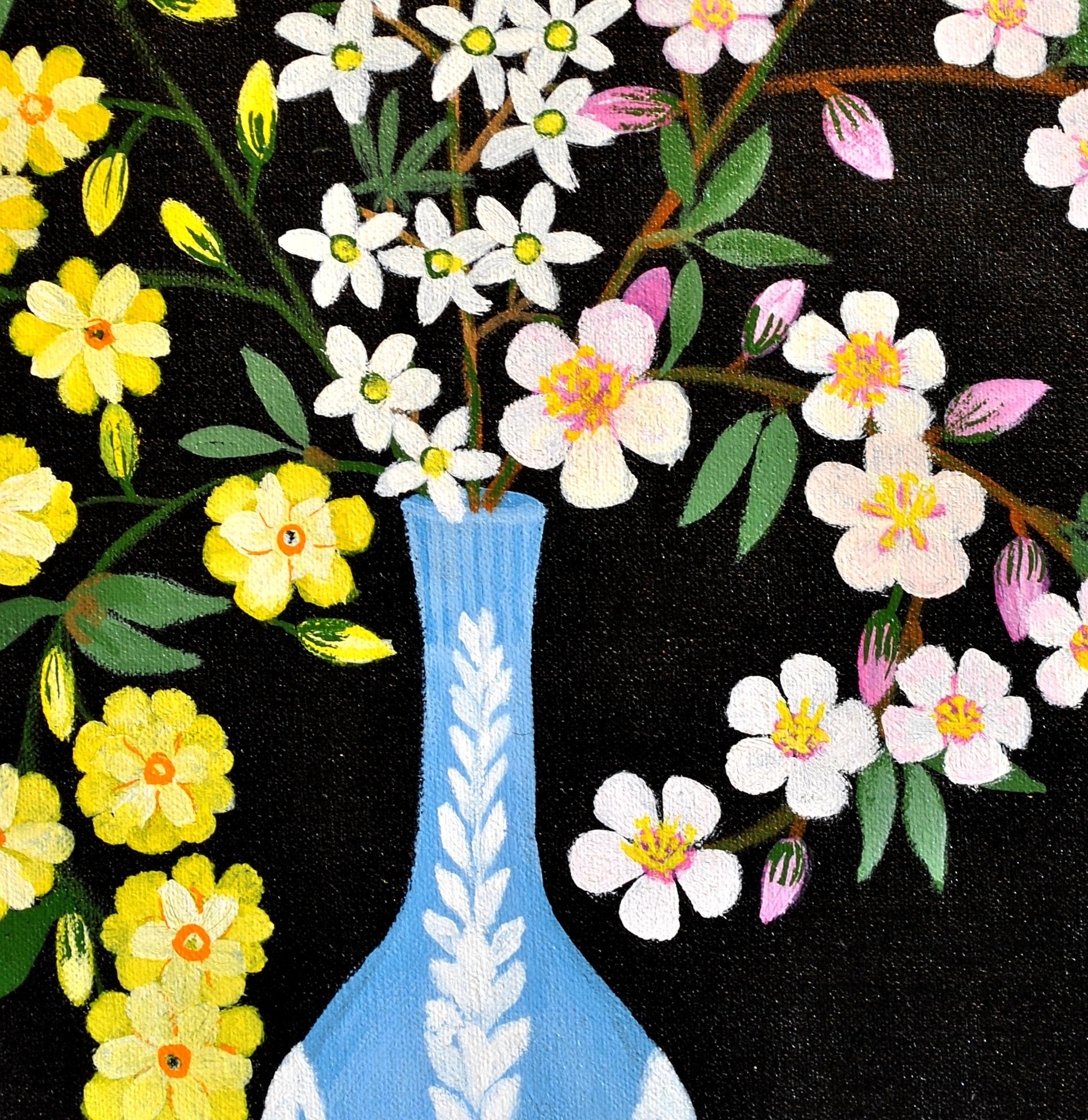 Ein wunderschönes Naïf-Stillleben in Öl auf Leinwand mit einer Frühlingsblüte in einer Wedgwood-Vase von Thraki Rossidou Jones aus Zypern. Signiert und datiert 1985 unten rechts oberhalb des Teppichs.

Thraki Rossidou Jones begann 1980 zu malen. Sie